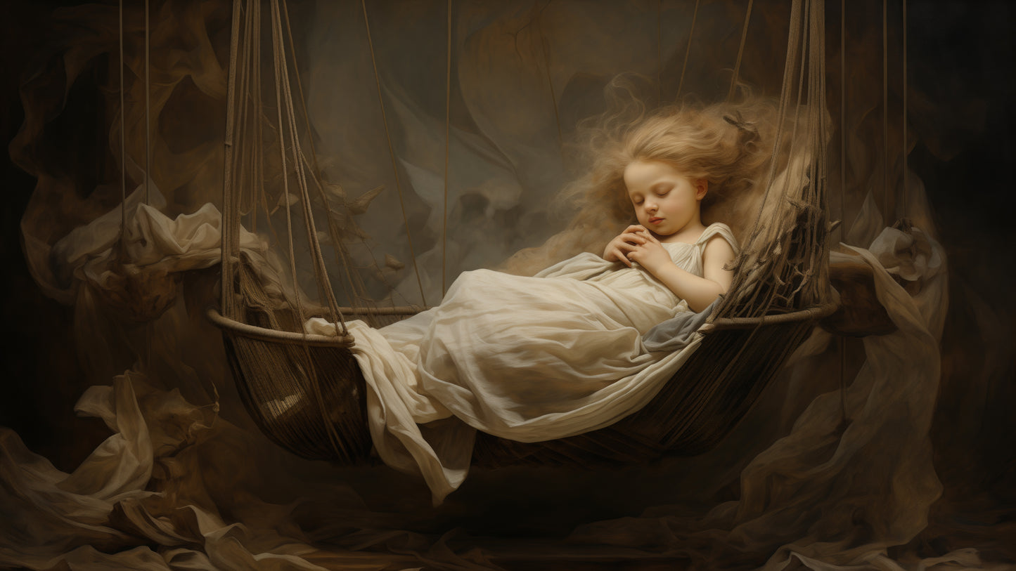 Fine art print featuring a serene scene of a child sleeping in a hammock, surrounded by flowing fabric, creating a dreamy atmosphere. This art print is a stunning example of an artwork print.
