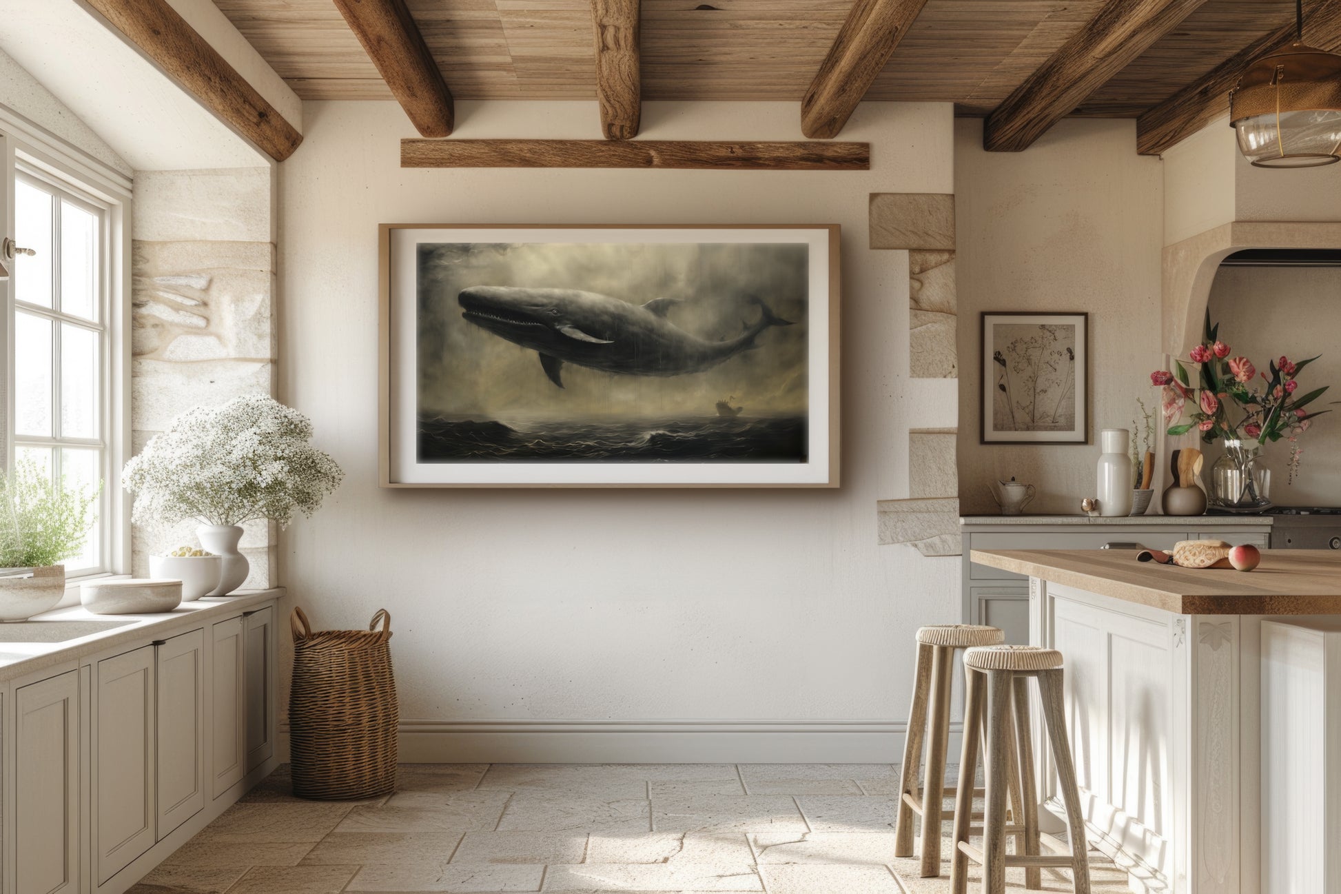 A beautifully detailed vintage-style artwork print showing a mythical whale flying above the ocean