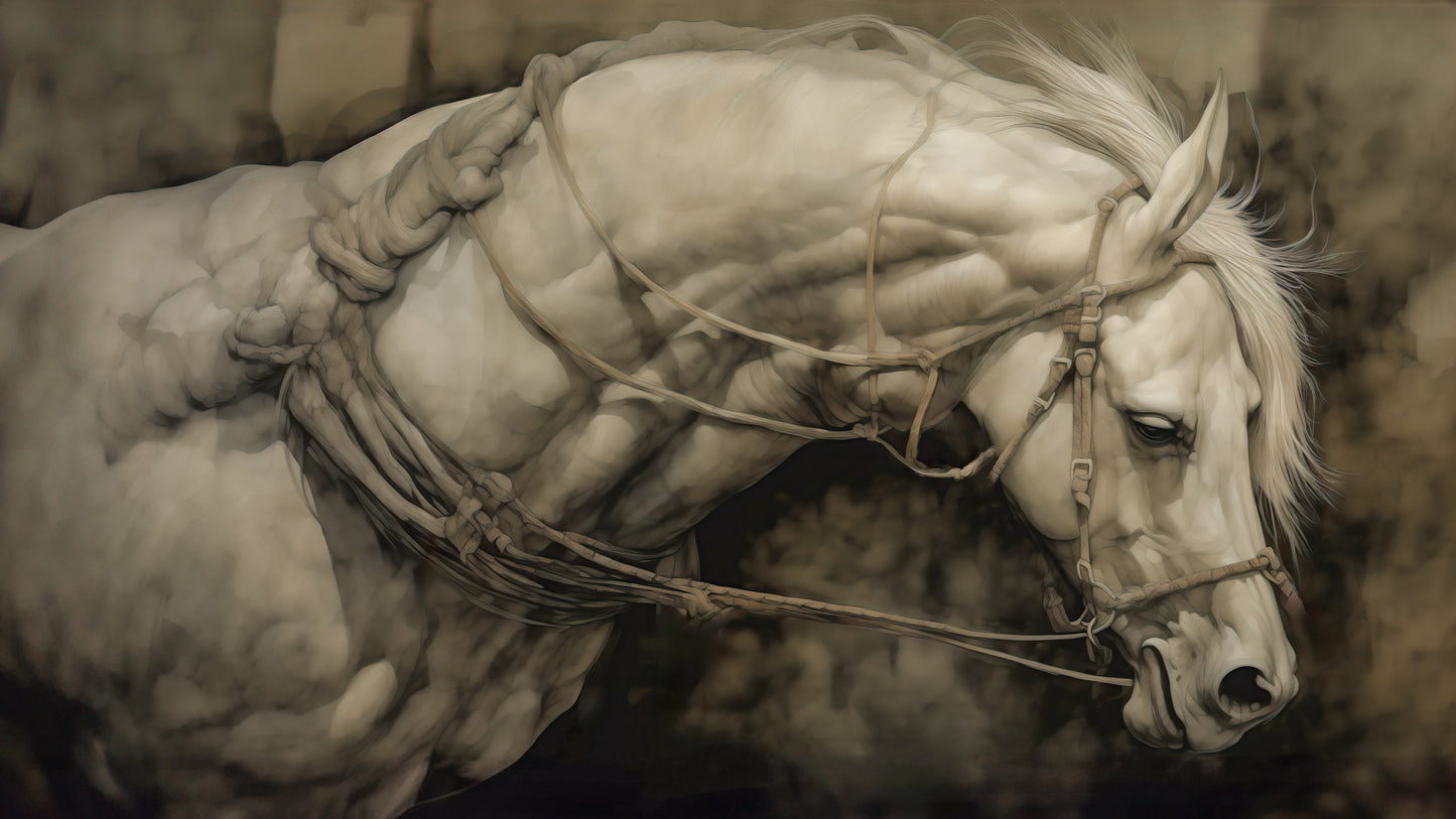 Fine art print featuring a powerful white horse, captured in exquisite detail, with a focus on its musculature and harness, set against a muted, rustic 