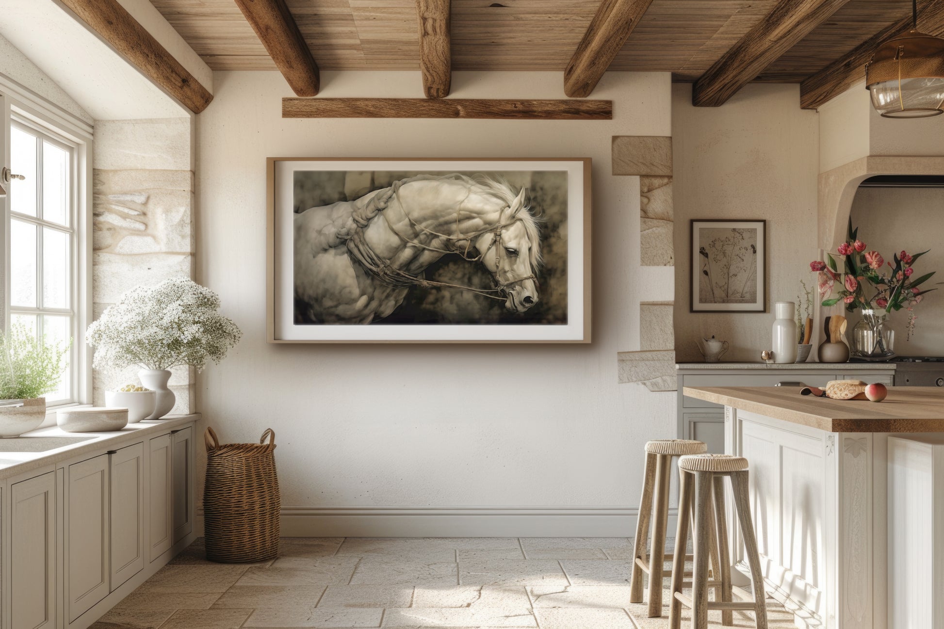 Artwork print featuring a detailed portrayal of a white horse, emphasizing its musculature and harness, set against a rustic, muted backdrop. This fine art print is a timeless visual fable.
