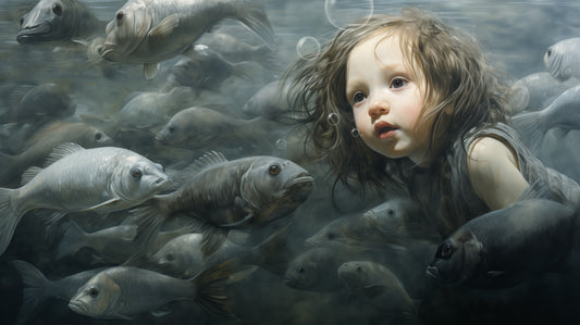 Fine art print featuring a surreal underwater scene with a young child surrounded by fish, creating a dreamlike atmosphere. This art print is a stunning example of an artwork print.