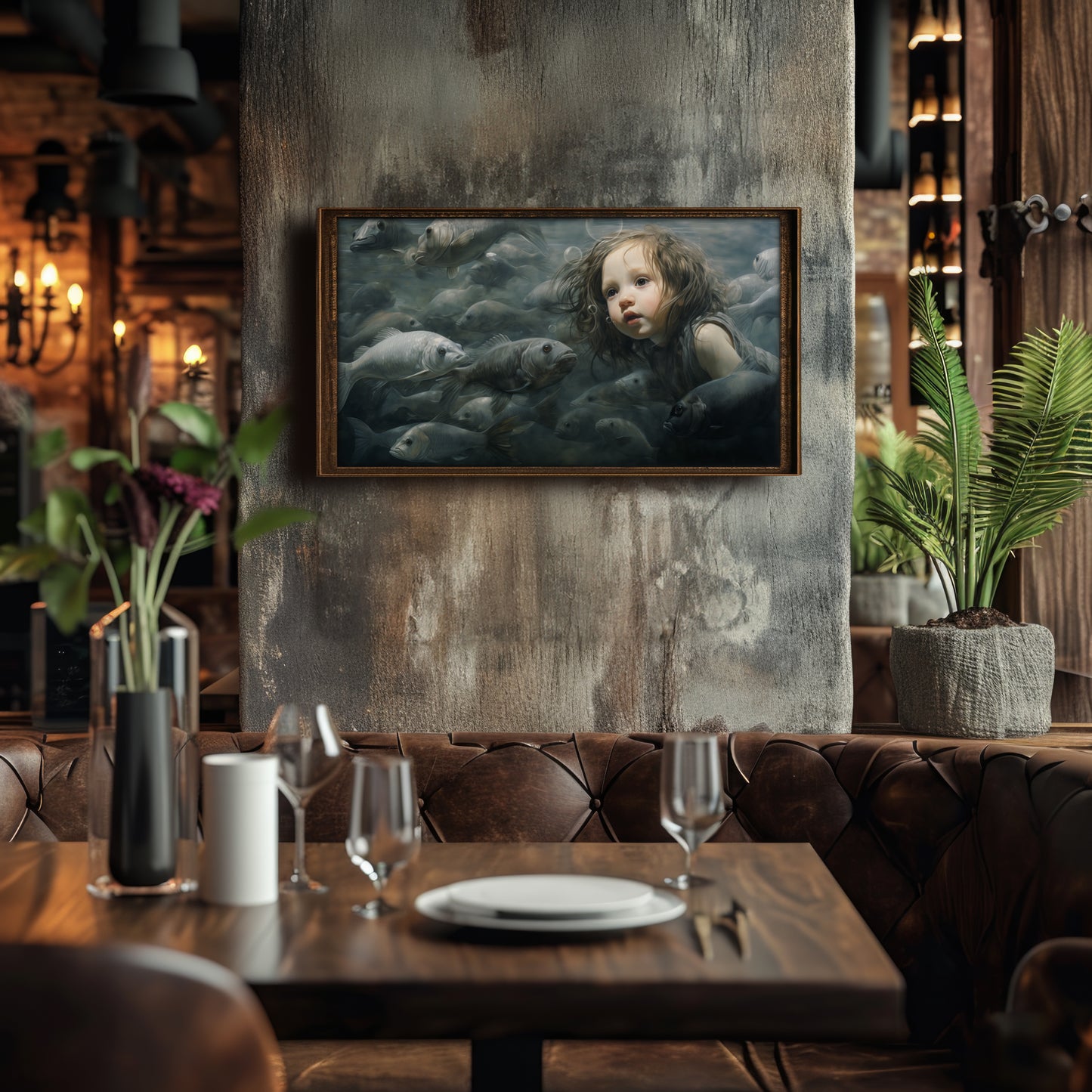 Art print showcasing a young child in a surreal underwater setting, surrounded by fish. This fine art print captures a dreamy, timeless scene.