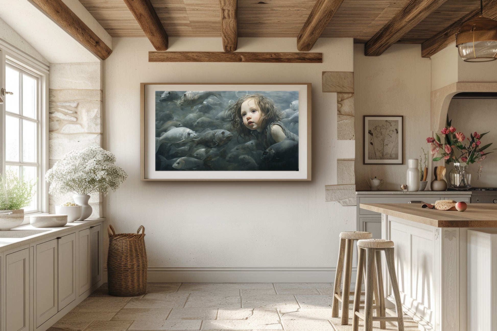 Artwork print featuring a young child underwater, enveloped by fish, creating a surreal and dreamlike visual. This fine art print is a captivating visual fable.