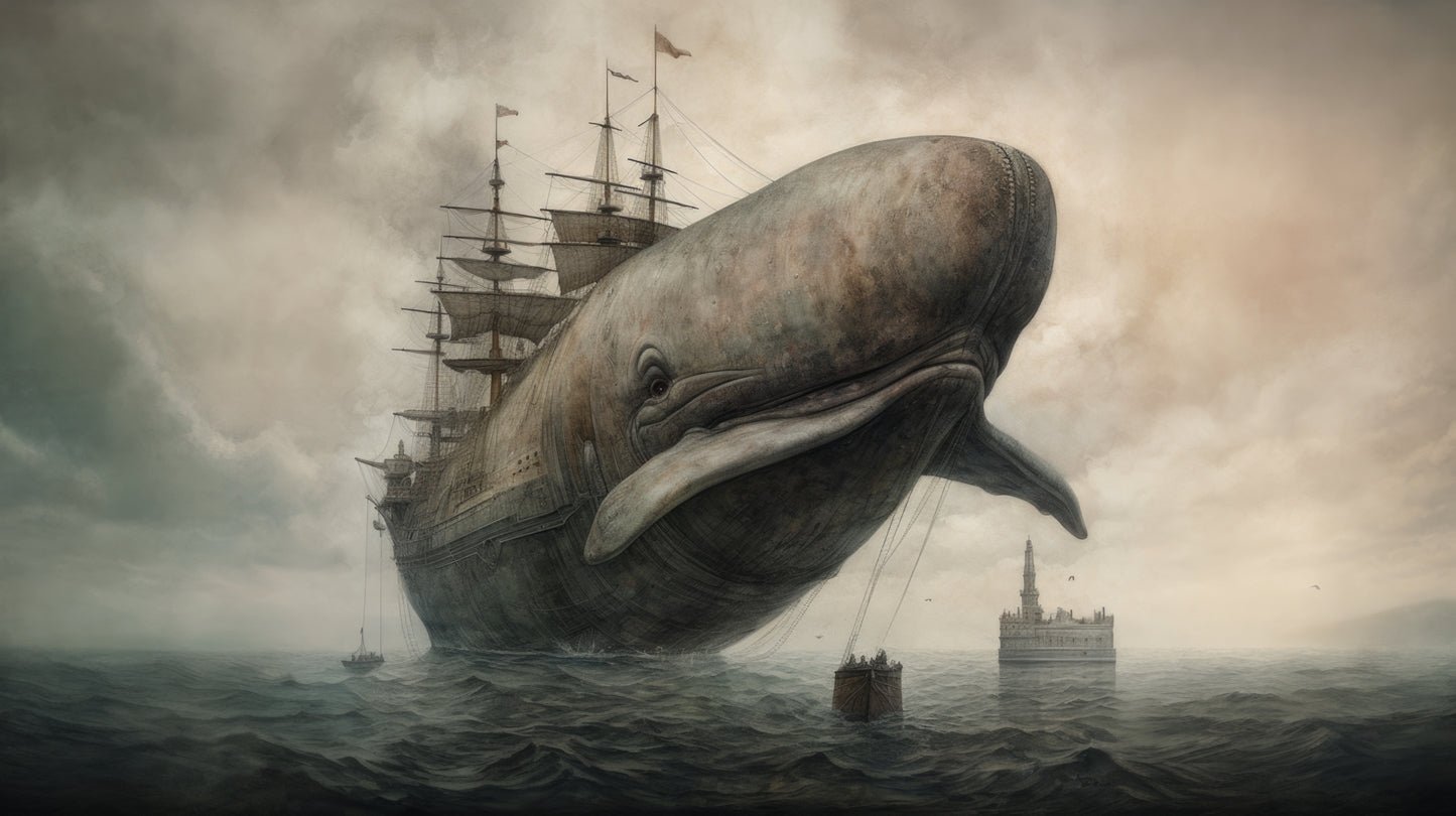 Fine art print featuring a surreal scene of a colossal whale carrying a ship on its back, set against a stormy sea and cloudy sky. This art print is a stunning example of an artwork print.