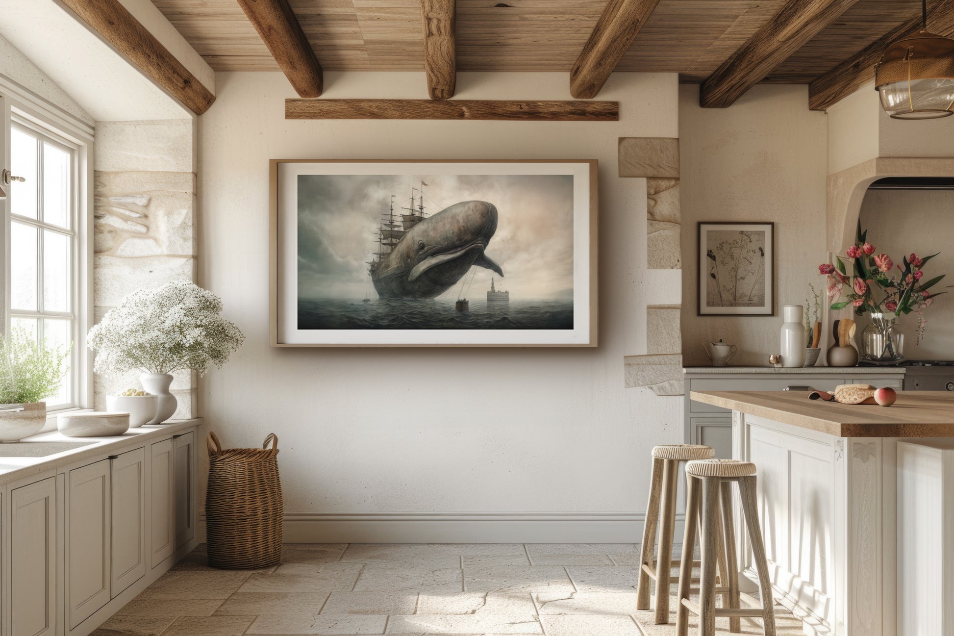Artwork print featuring a surreal depiction of a whale carrying a ship on its back, set against a backdrop of stormy seas and cloudy skies. This fine art print is a captivating visual fable.