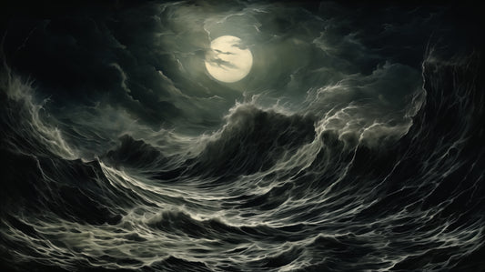 Fine art print featuring a dramatic scene of stormy waves under a moonlit sky, creating a powerful and haunting atmosphere. This art print is a stunning example of an artwork print.