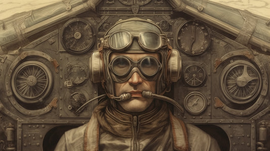 Fine art print featuring a vintage aviator in full gear, set against the intricate and detailed cockpit of an aircraft. This art print is a stunning example of an artwork print.