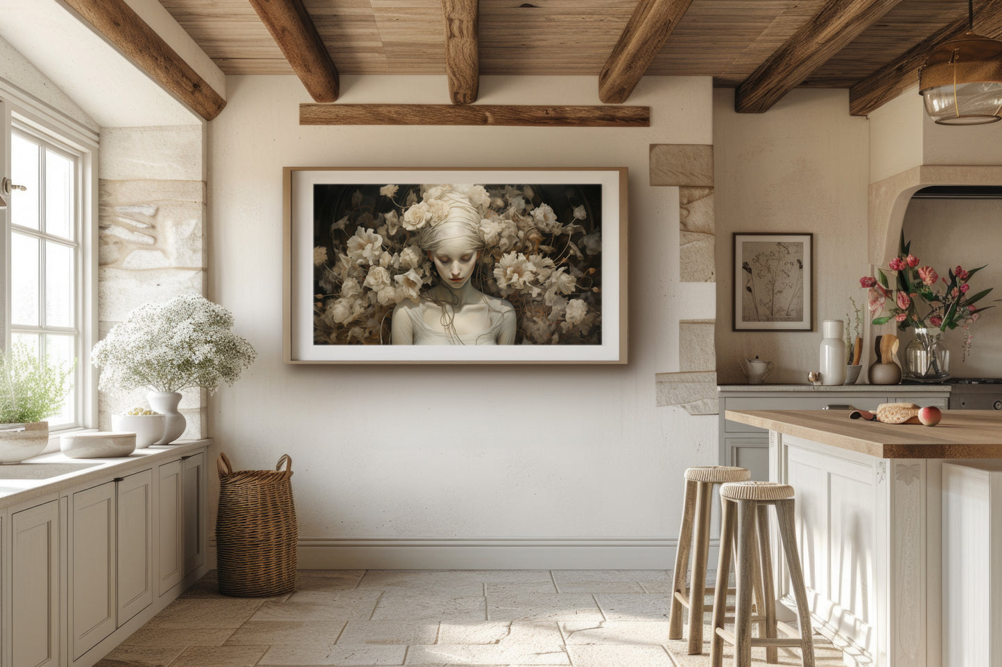 Artwork print featuring a peaceful figure surrounded by a halo of white flowers, creating an ethereal and serene visual. This fine art print is a captivating visual fable.