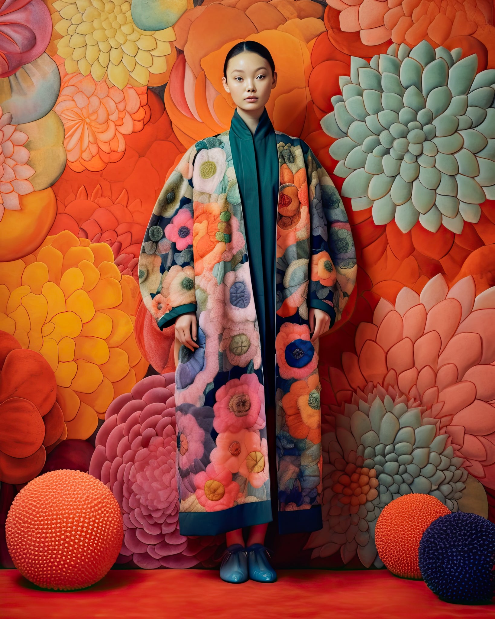Fine art print featuring a woman dressed in a colorful, floral-patterned coat, standing against a vibrant background of large, abstract flowers in warm tones of orange, red, and yellow. This art print is a stunning example of an artwork print.