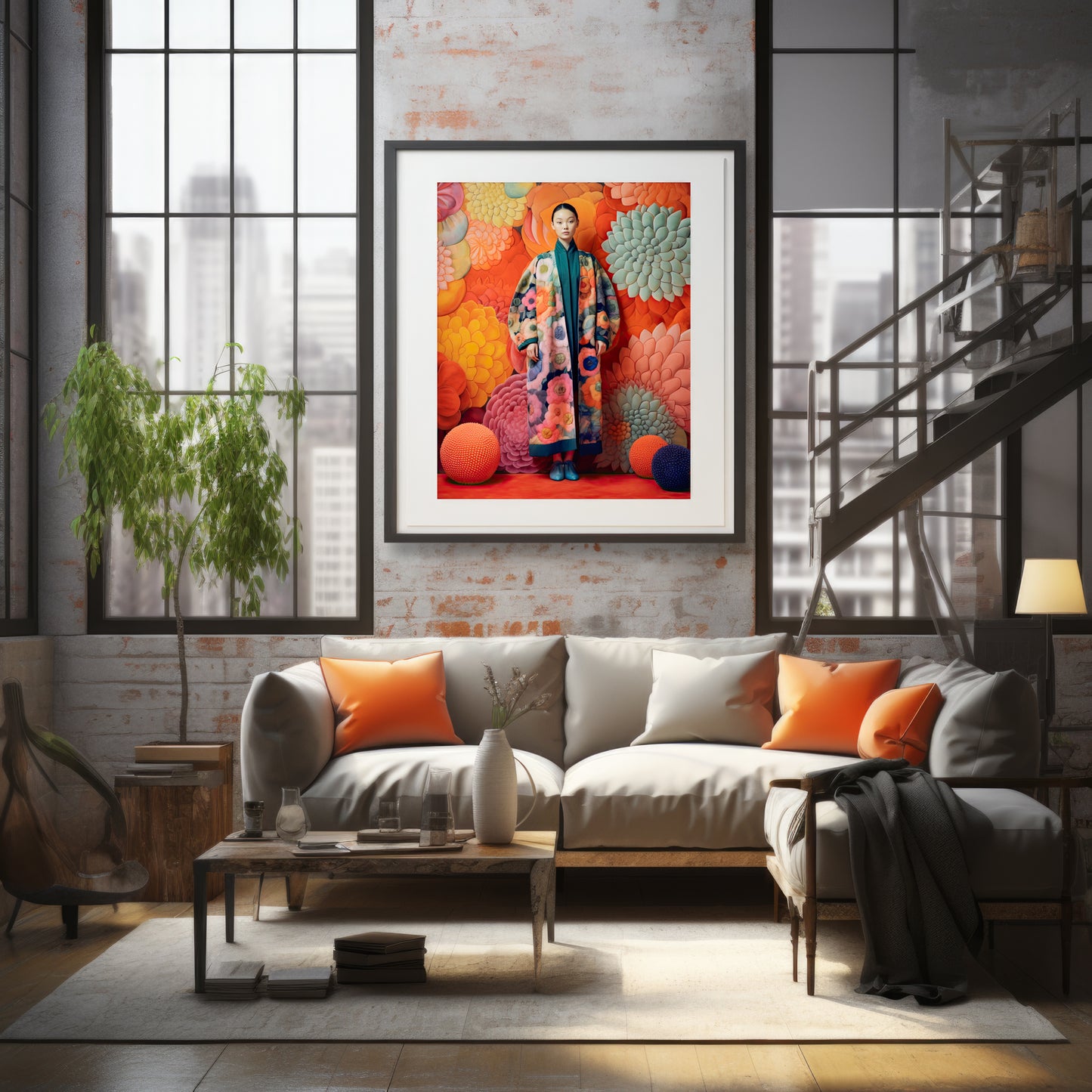 Artwork print featuring a woman in a colorful, floral-patterned coat, set against a background of large, abstract flowers in warm tones of orange, red, and yellow. This fine art print is a captivating visual fable.