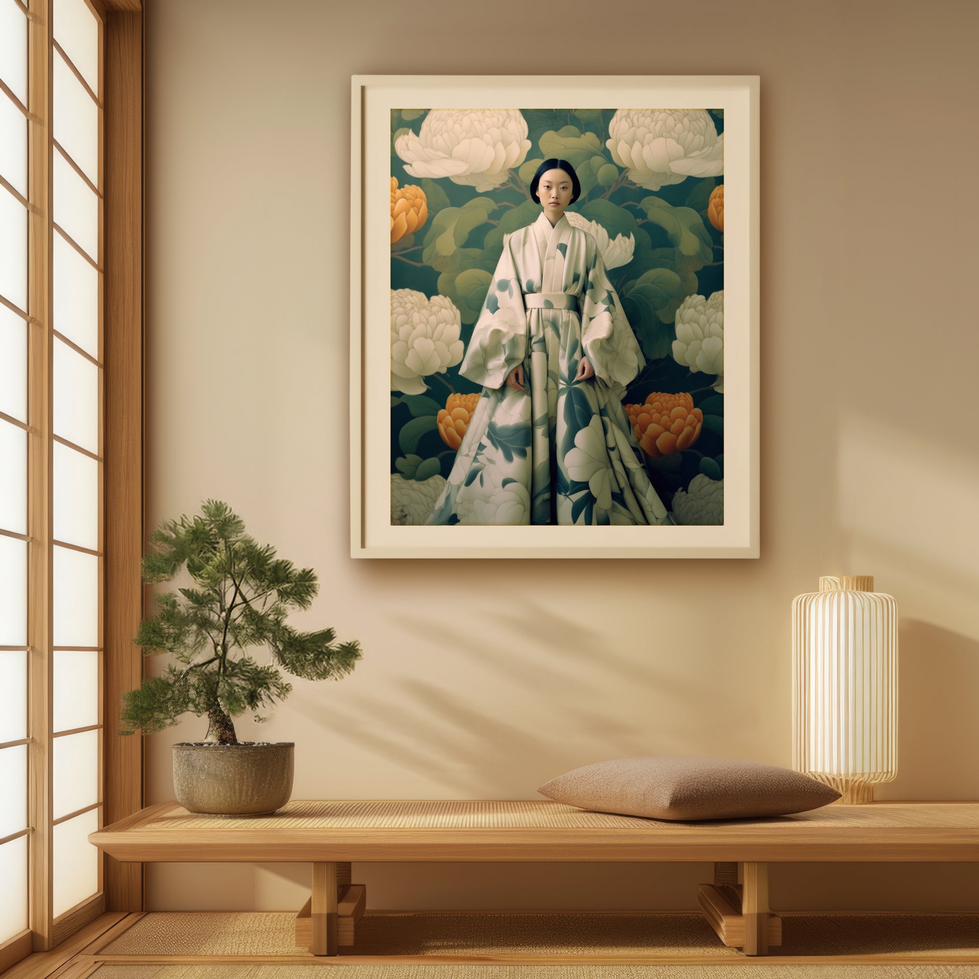 Art print showcasing a woman in an elegant kimono with floral patterns, standing against a backdrop of large, colorful flowers. This fine art print captures a timeless, elegant scene.