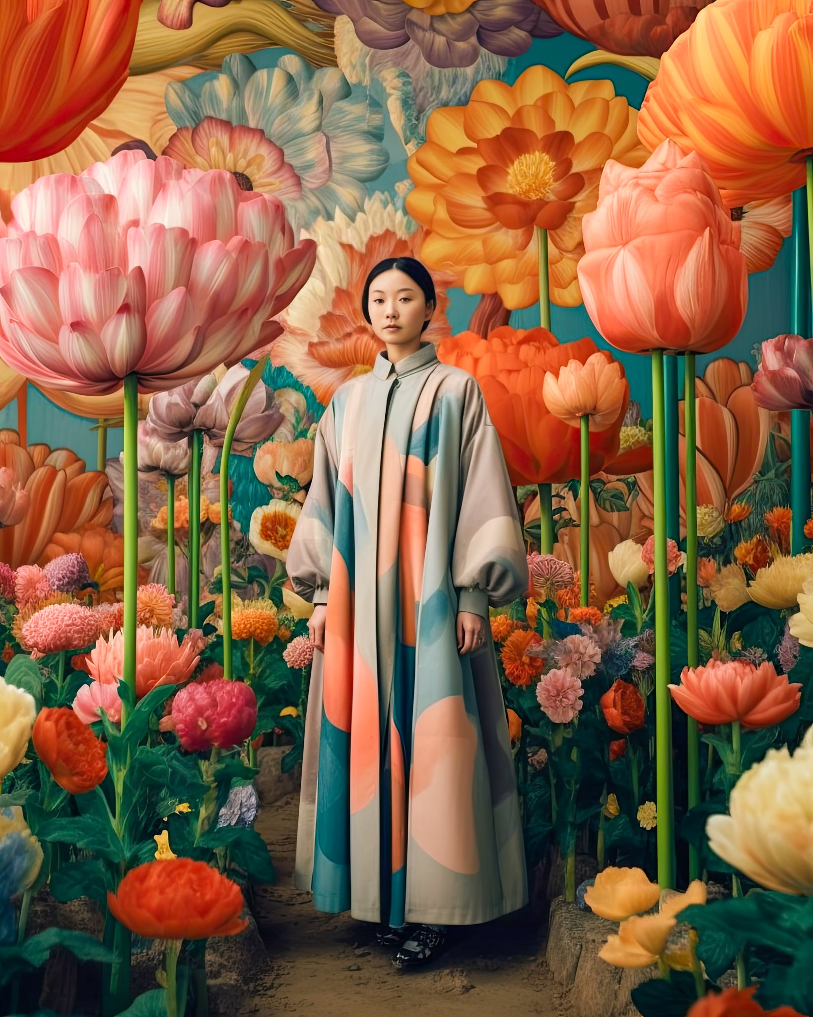 Fine art print featuring a woman standing in a vibrant garden of oversized, colorful flowers, creating a whimsical and enchanting atmosphere. This art print is a stunning example of an artwork print.