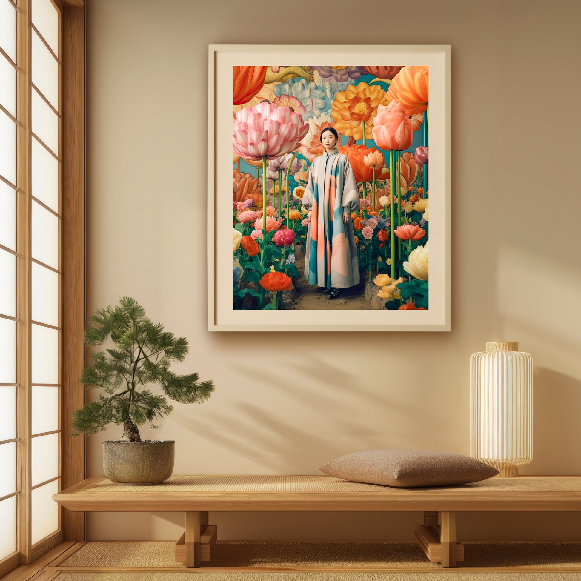 Art print showcasing a woman in a garden filled with oversized, colorful flowers, creating a whimsical and enchanting scene. This fine art print captures a timeless, magical moment.