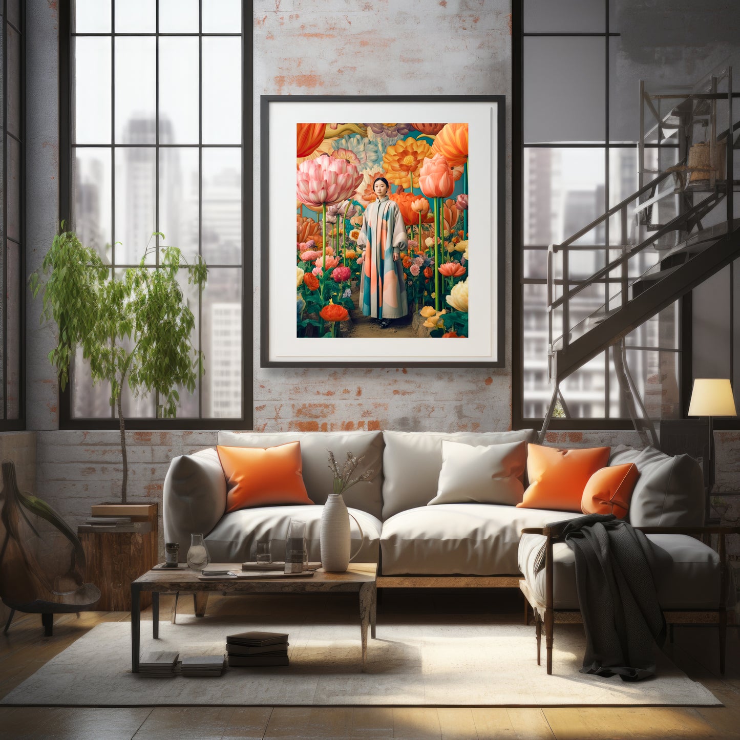 Artwork print featuring a woman in a vibrant garden of oversized flowers, creating a whimsical and enchanting visual. This fine art print is a captivating visual fable.