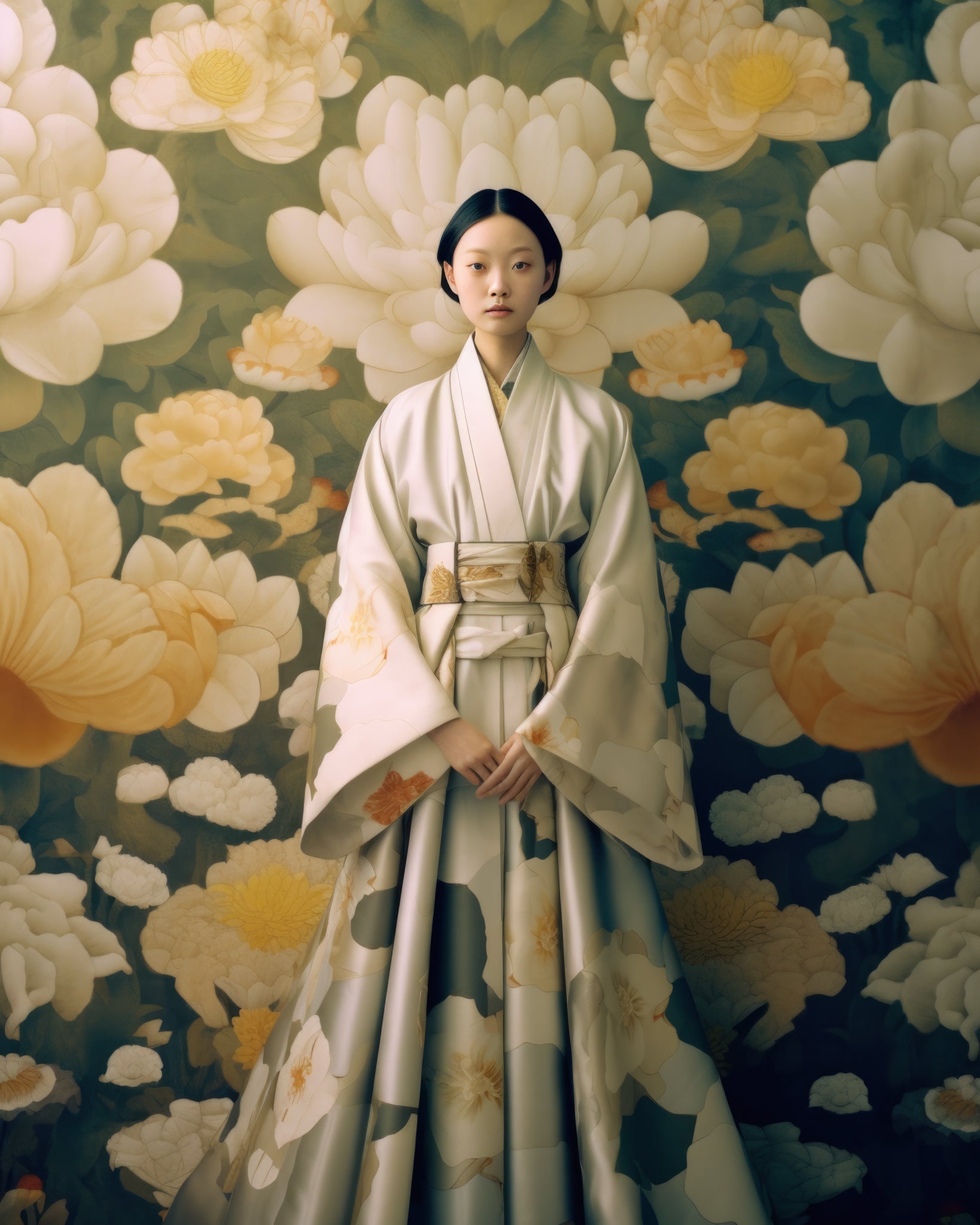 Fine art print featuring a woman dressed in a traditional kimono with delicate floral patterns, set against a background of soft, blooming flowers. This art print is a stunning example of an artwork print.
