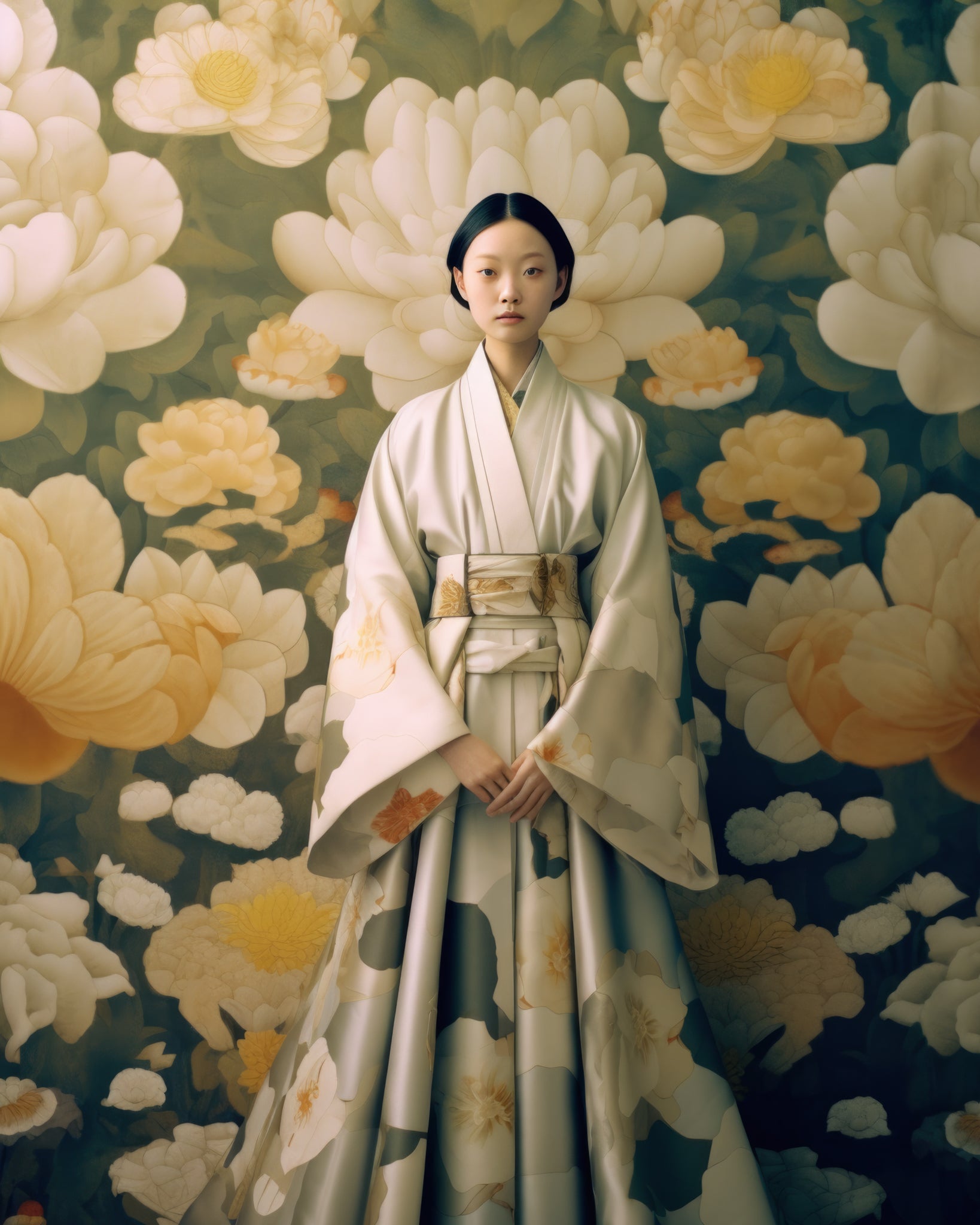 Art print showcasing a woman in a traditional kimono with delicate floral patterns, standing against a backdrop of soft, blooming flowers. This fine art print captures a timeless, elegant moment.