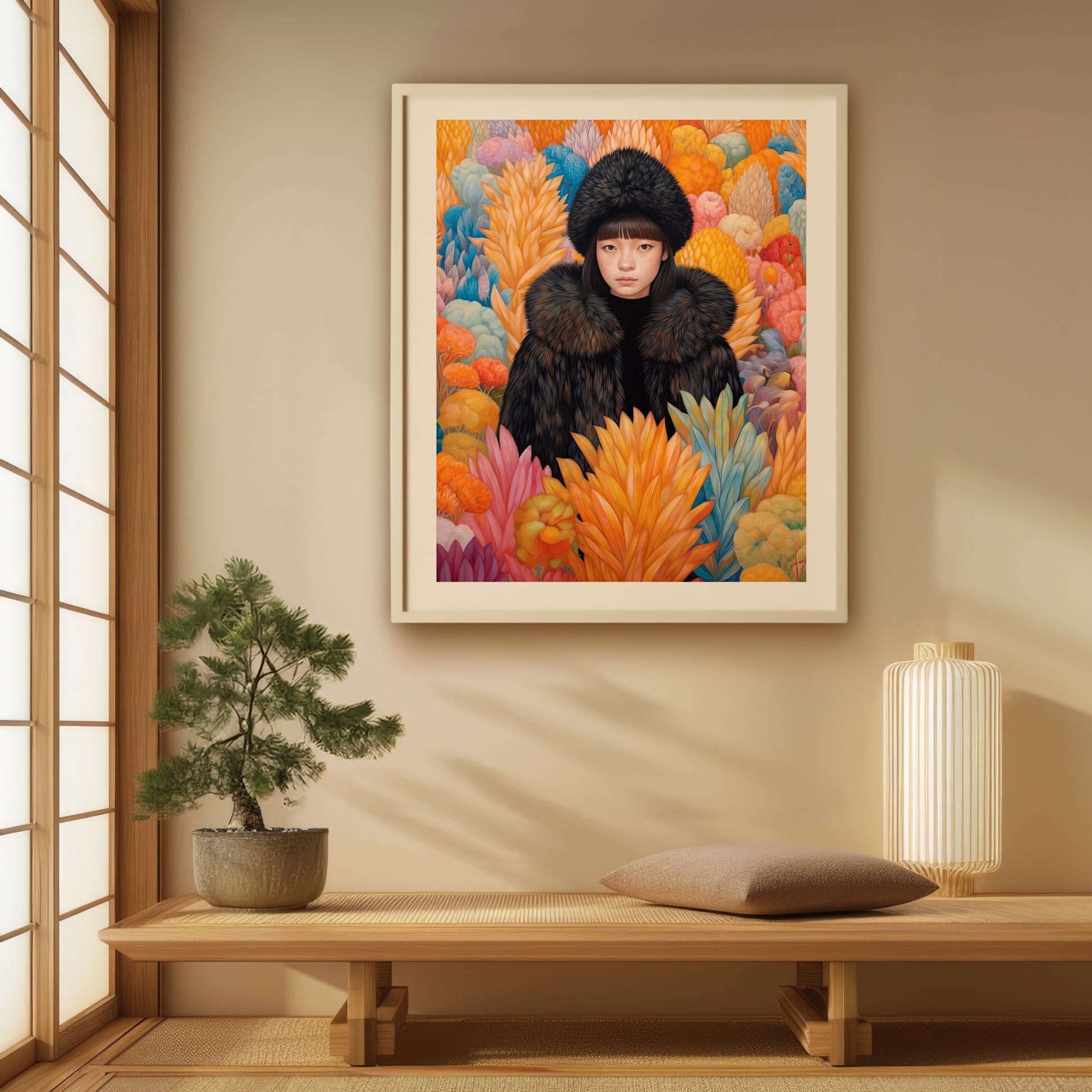 Art print showcasing a woman in a black coat and hat, surrounded by a vibrant, colorful array of oversized, abstract flowers. This fine art print captures a timeless, elegant scene.