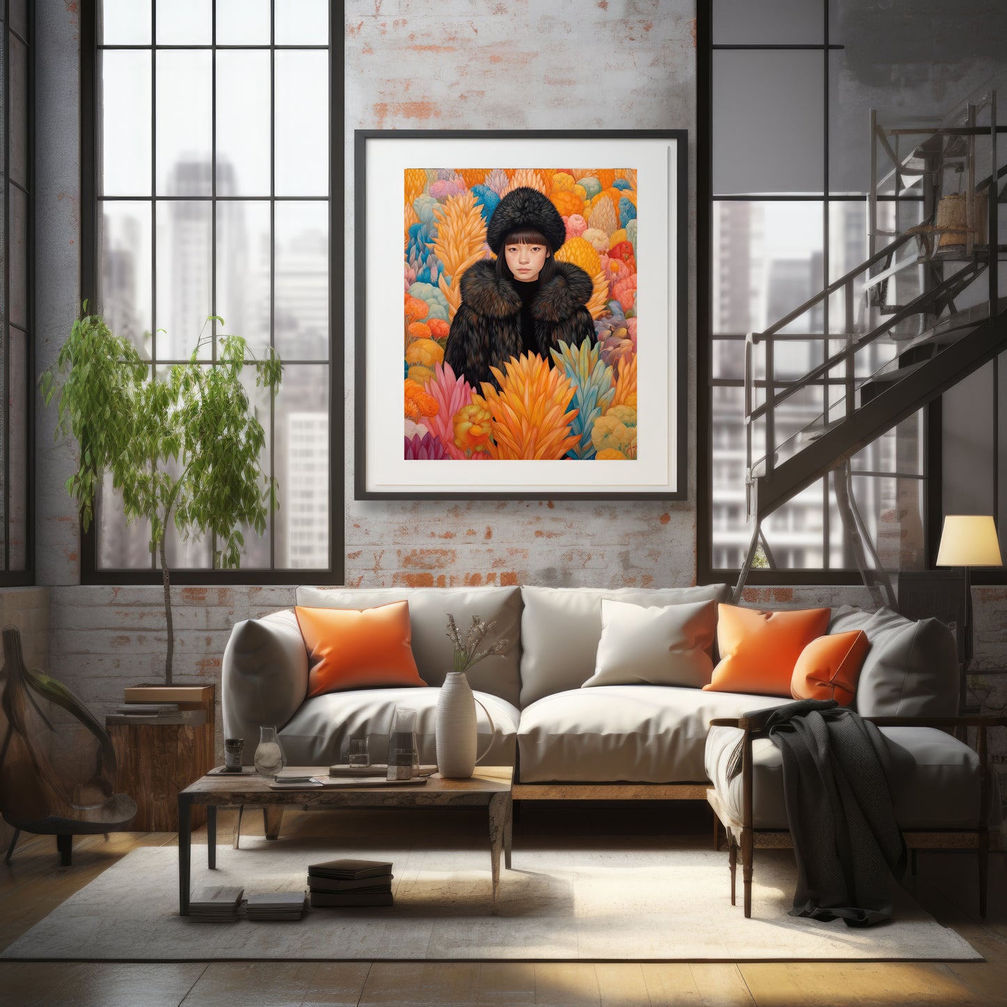 Art print showcasing a woman in a black coat and hat, surrounded by a vibrant, colorful array of oversized, abstract flowers. This fine art print captures a timeless, elegant scene.