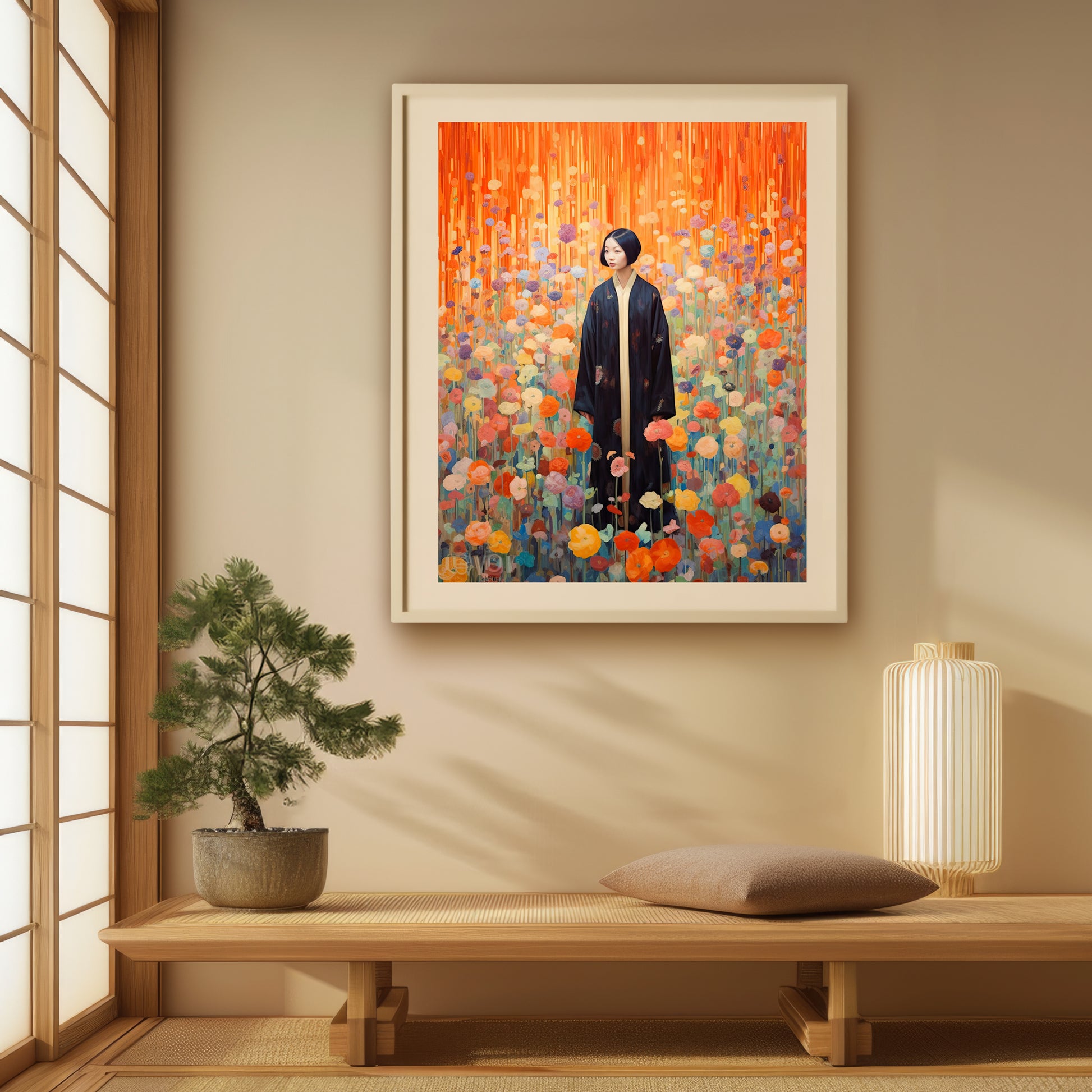 Fine art print featuring a woman in a traditional black robe, standing amidst a vibrant field of colorful flowers, set against a background of cascading orange and yellow hues. This art print is a stunning example of an artwork print.