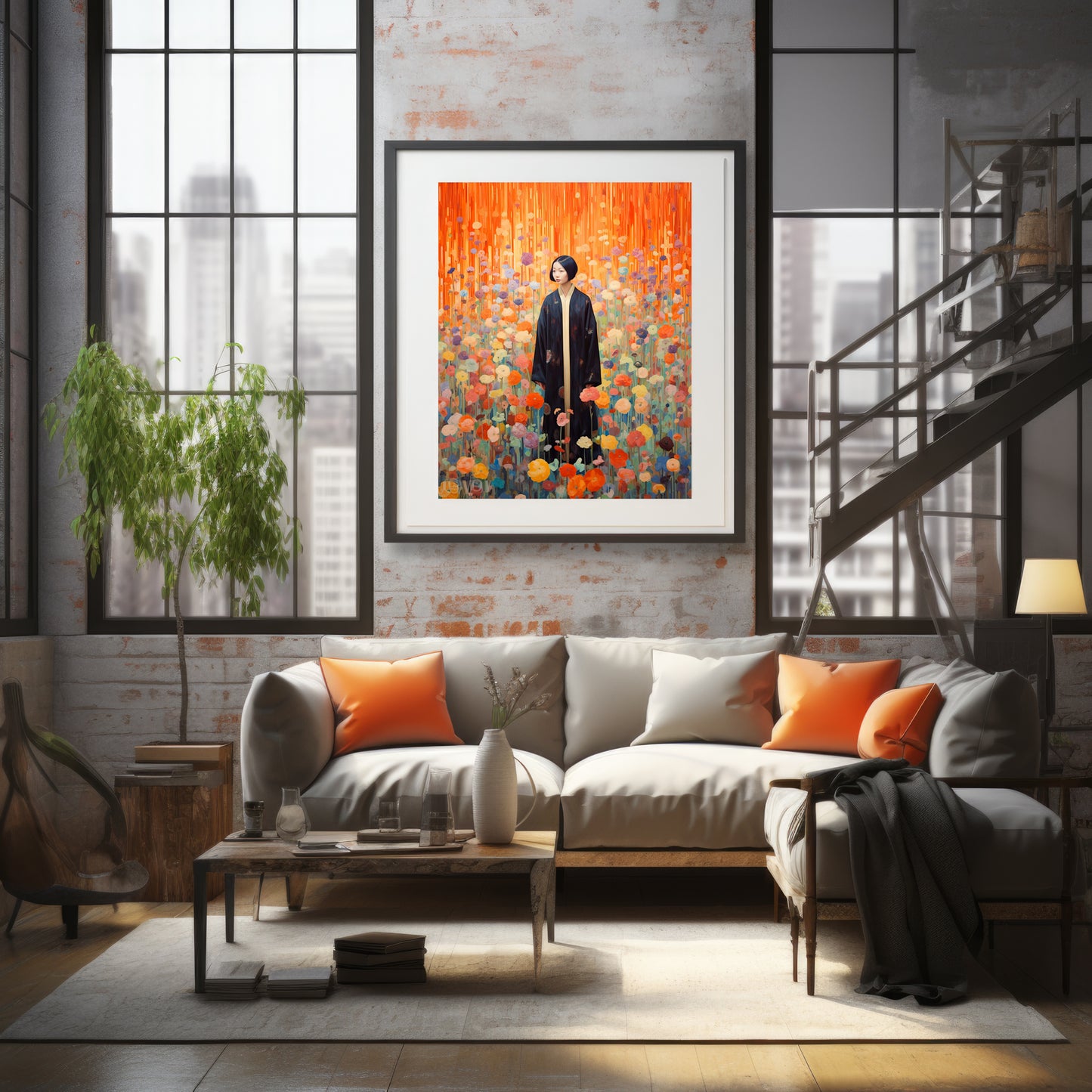 Artwork print featuring a woman in a traditional black robe, standing amidst a vibrant field of colorful flowers, with a backdrop of cascading orange and yellow hues. This fine art print is a captivating visual fable.