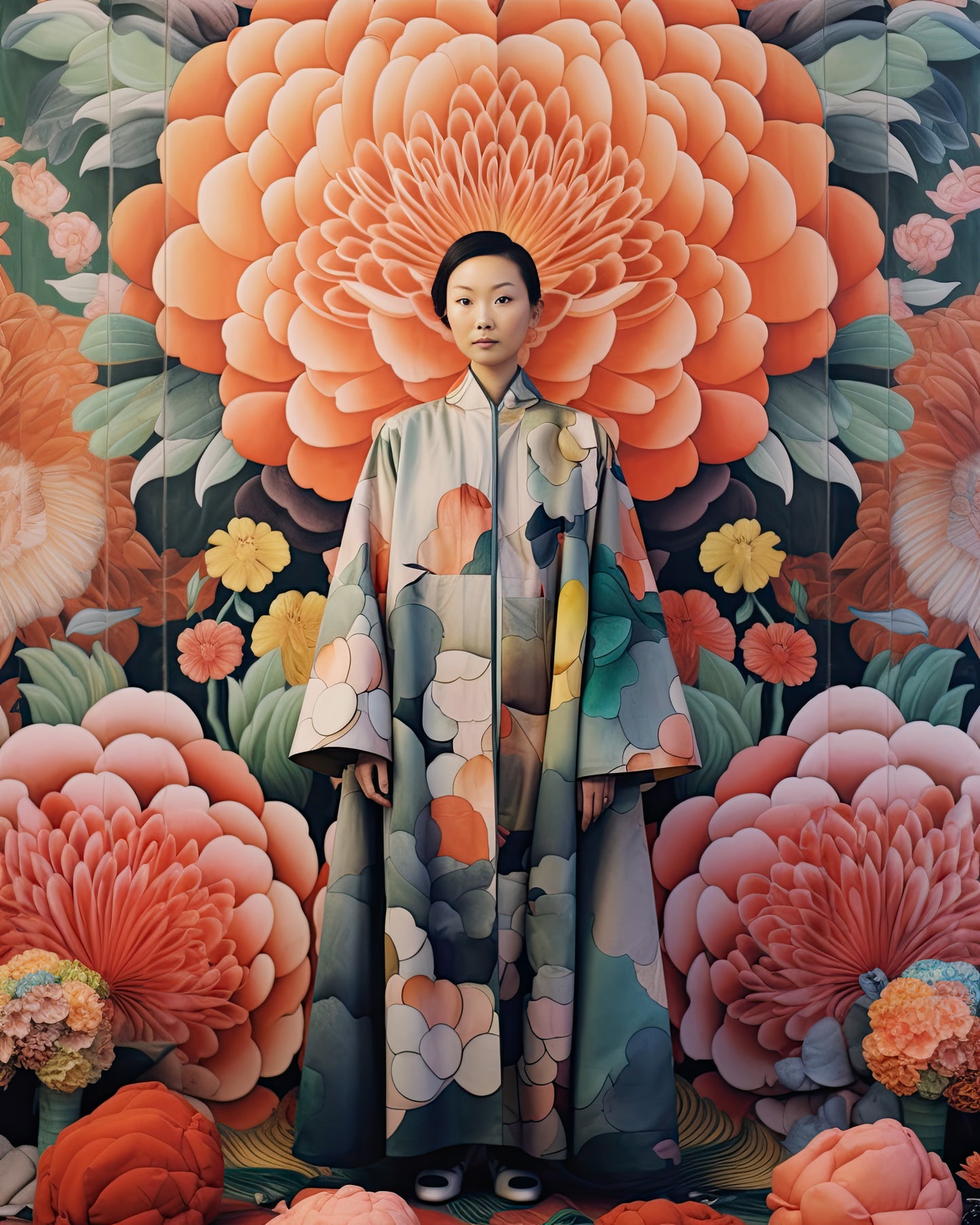 Fine art print featuring a woman dressed in a traditional kimono with vibrant floral patterns, standing against a background of large, richly colored flowers in shades of orange and pink. This art print is a stunning example of an artwork print.