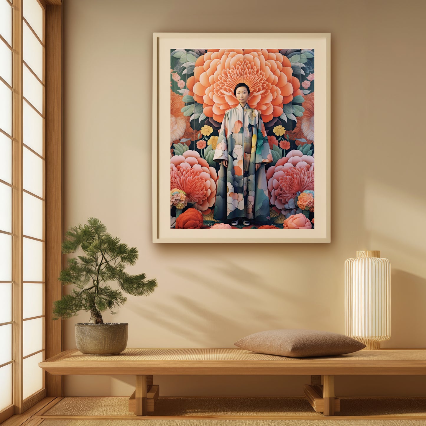 Art print showcasing a woman in a traditional kimono with vibrant floral patterns, surrounded by large, richly colored flowers in shades of orange and pink. This fine art print captures a timeless, elegant scene.