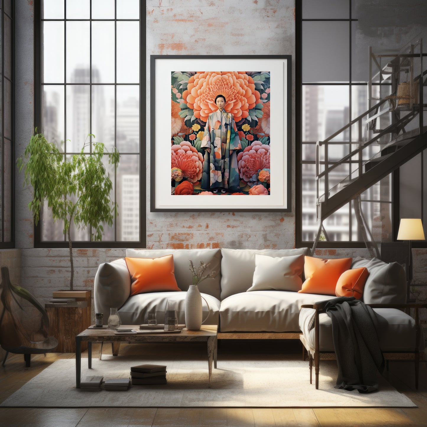 Artwork print featuring a woman in a traditional floral-patterned kimono, set against a background of large, richly colored flowers in shades of orange and pink. This fine art print is a captivating visual fable.