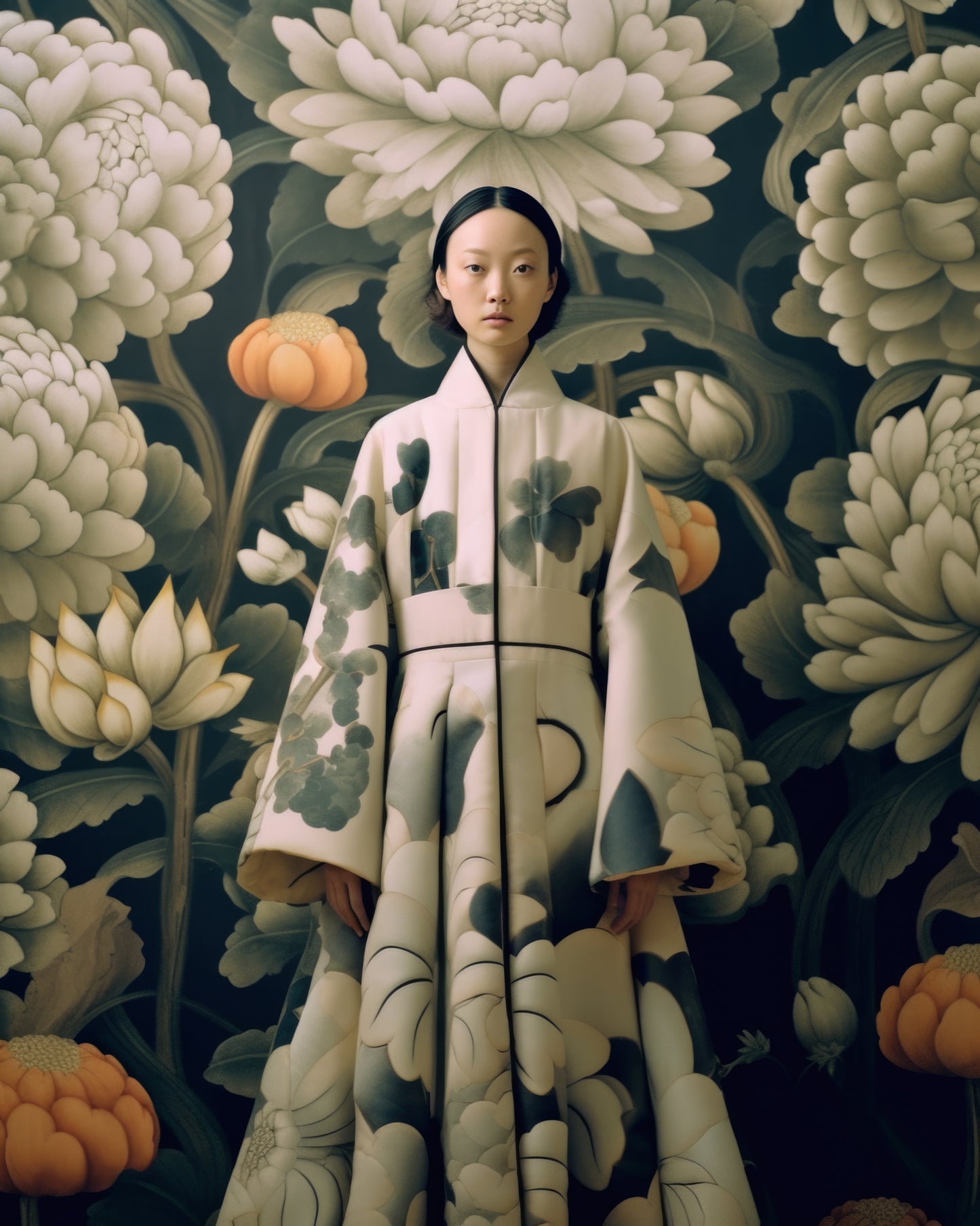 Fine art print featuring a woman dressed in a traditional kimono with monochromatic floral patterns, standing against a background of large, intricately detailed flowers in muted tones. This art print is a stunning example of an artwork print.