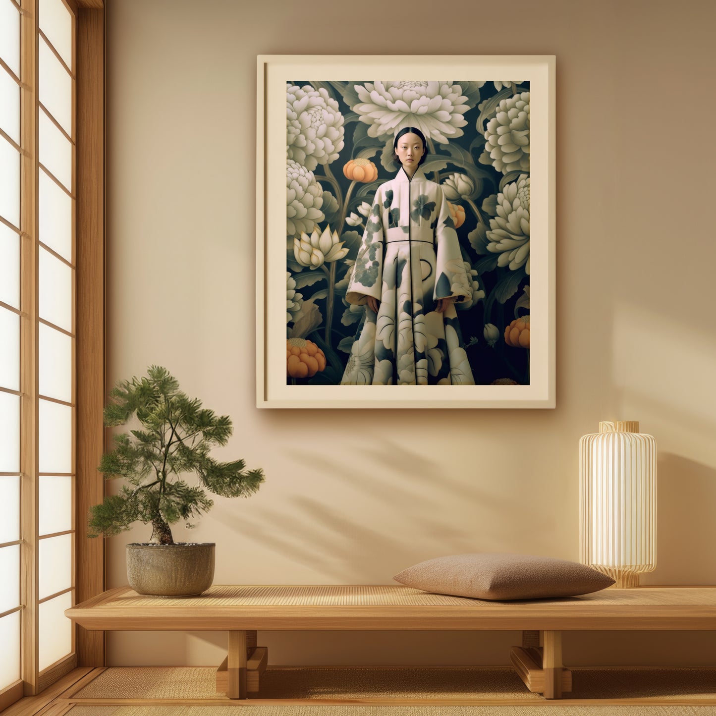 Art print showcasing a woman in a traditional kimono with monochromatic floral patterns, surrounded by large, intricately detailed flowers in muted tones. This fine art print captures a timeless, elegant scene.