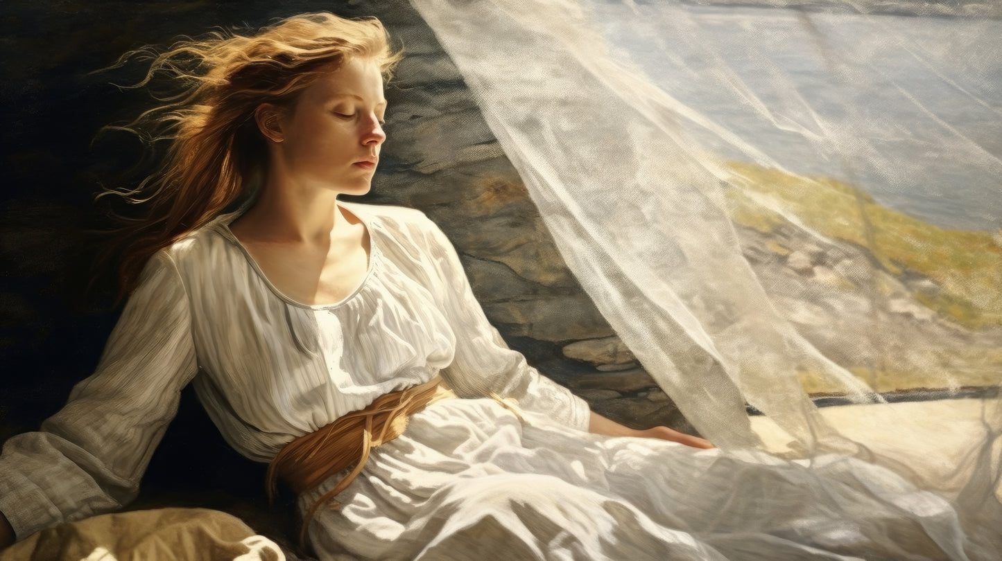 Art print of a woman in a white dress, seated by a window with sheer curtains and a view of the Down East Maine coastline.