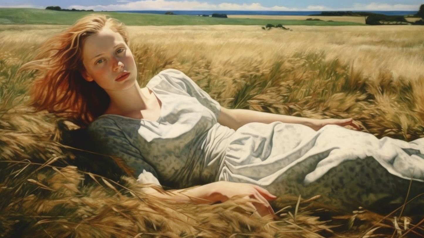 Fine art print of a woman lying in a golden wheat field from the Down East Maine collection.