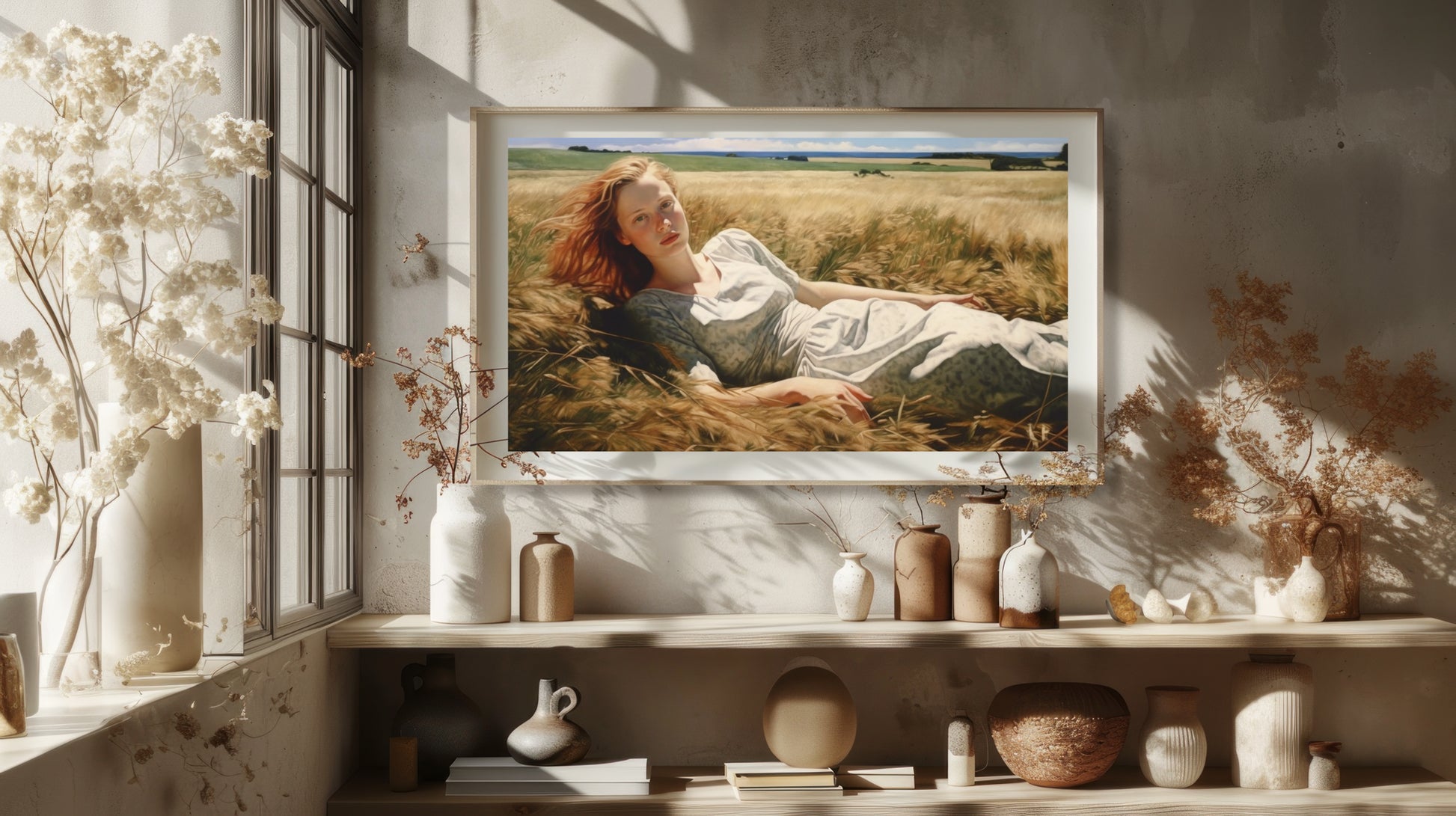 Artwork print showing a woman relaxing in a wheat field, part of the Down East Maine collection.