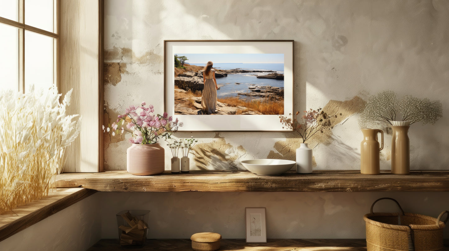 Artwork print featuring a woman gazing at the ocean on a rocky coast, part of the Down East Maine collection.
