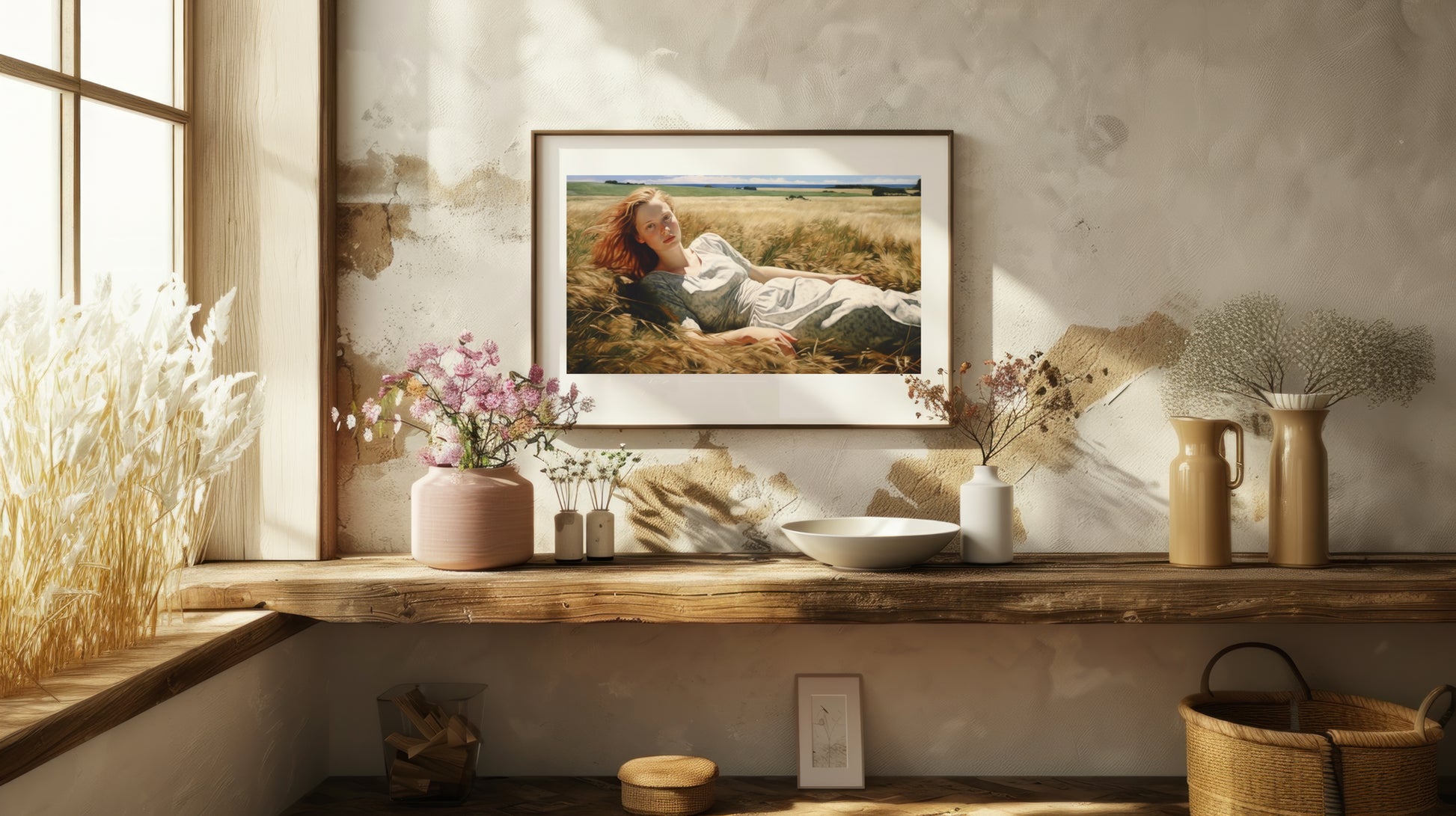 Fine art print featuring a woman resting in a golden wheat field in the Down East Maine collection.