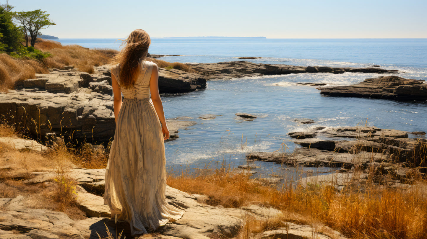 Fine art print of a woman standing on a rocky coast from the Down East Maine collection.