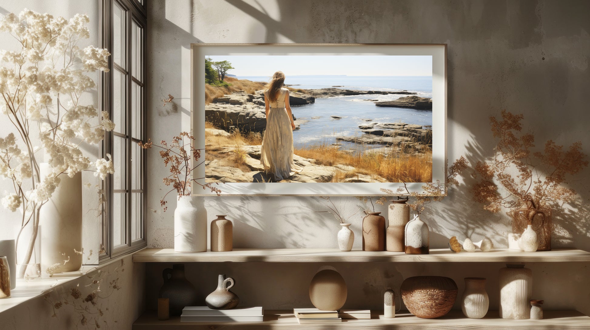 Fine art print depicting a woman on a rocky coastline in the Down East Maine collection.