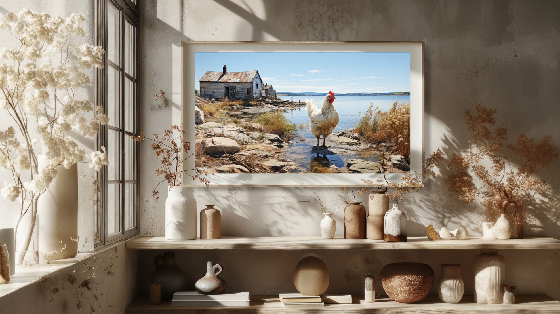 Down East Collection artwork print depicting a rooster standing near a weathered house by the coast, designed for archival and acid-free fine art prints.