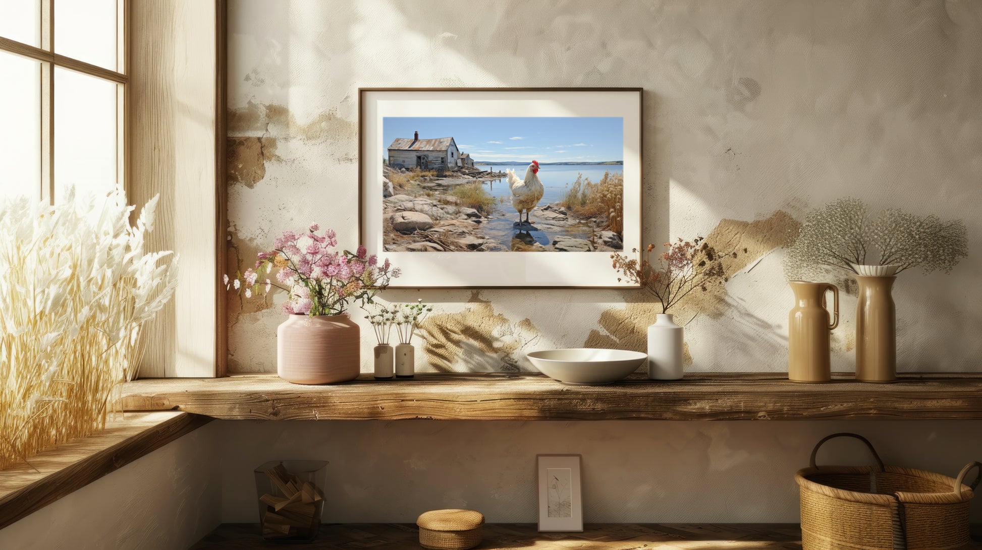 Captivating fine art print from the Down East Collection showcasing a rooster and rustic house on a serene coastal landscape, perfect for archival and acid-free artwork prints.