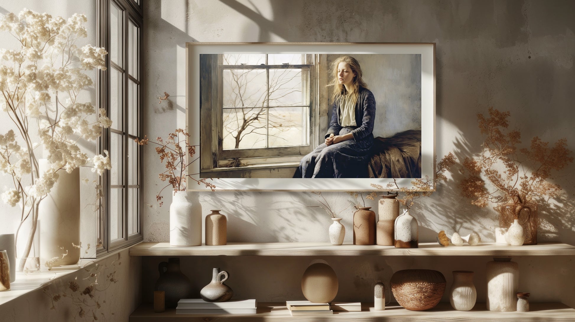 Artwork print featuring a woman seated by a window, gazing at a desolate, misty landscape with a barren tree.