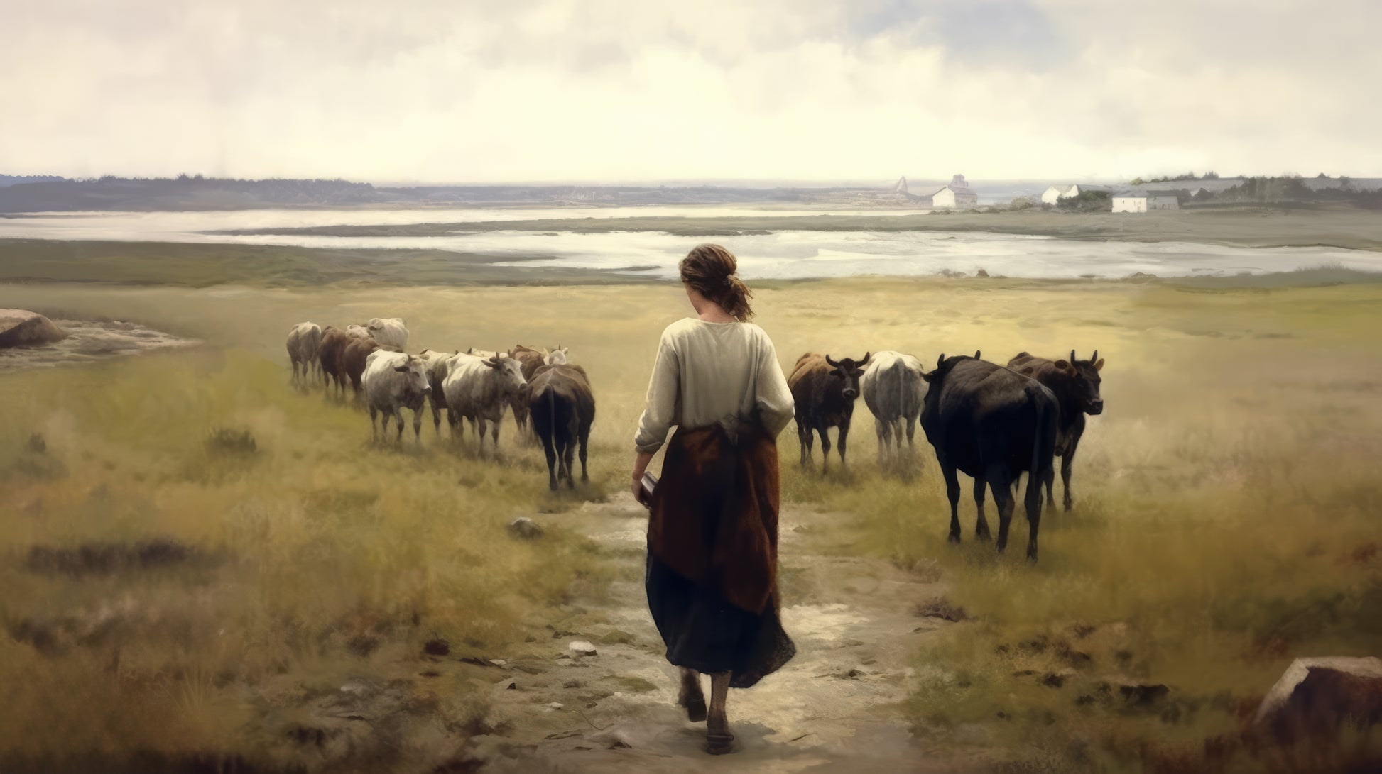 Fine art print of a woman herding cattle in a Down East Maine landscape.