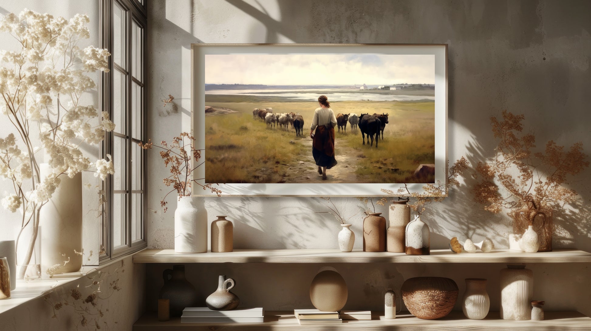 Artwork print showing a woman and her cattle in a serene Down East Maine field.