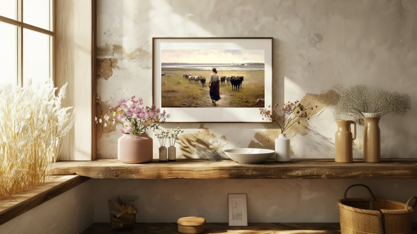 Fine art print featuring a woman herding cattle across the rural fields of Down East Maine.