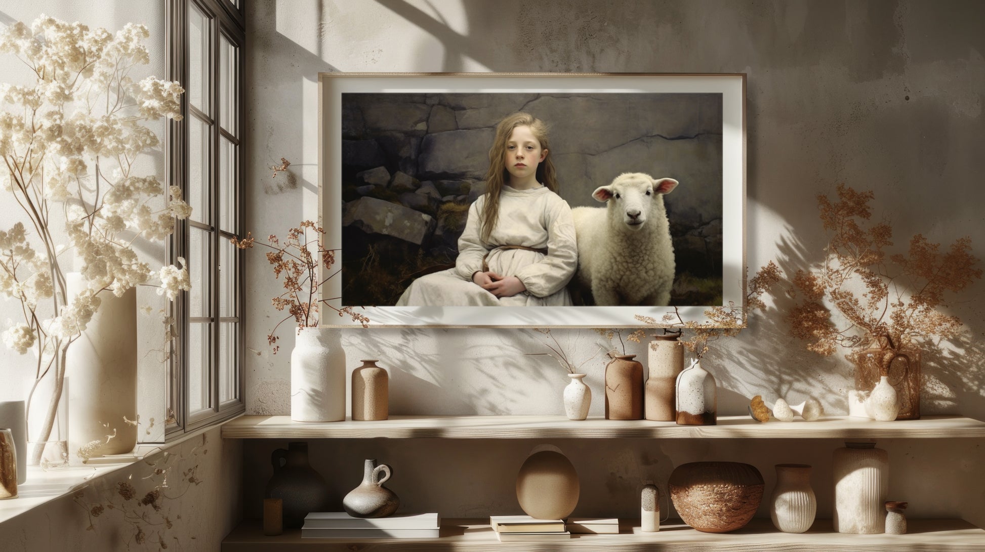 Artwork print featuring a girl and a sheep sitting together with a rocky background in the Down East Maine collection.