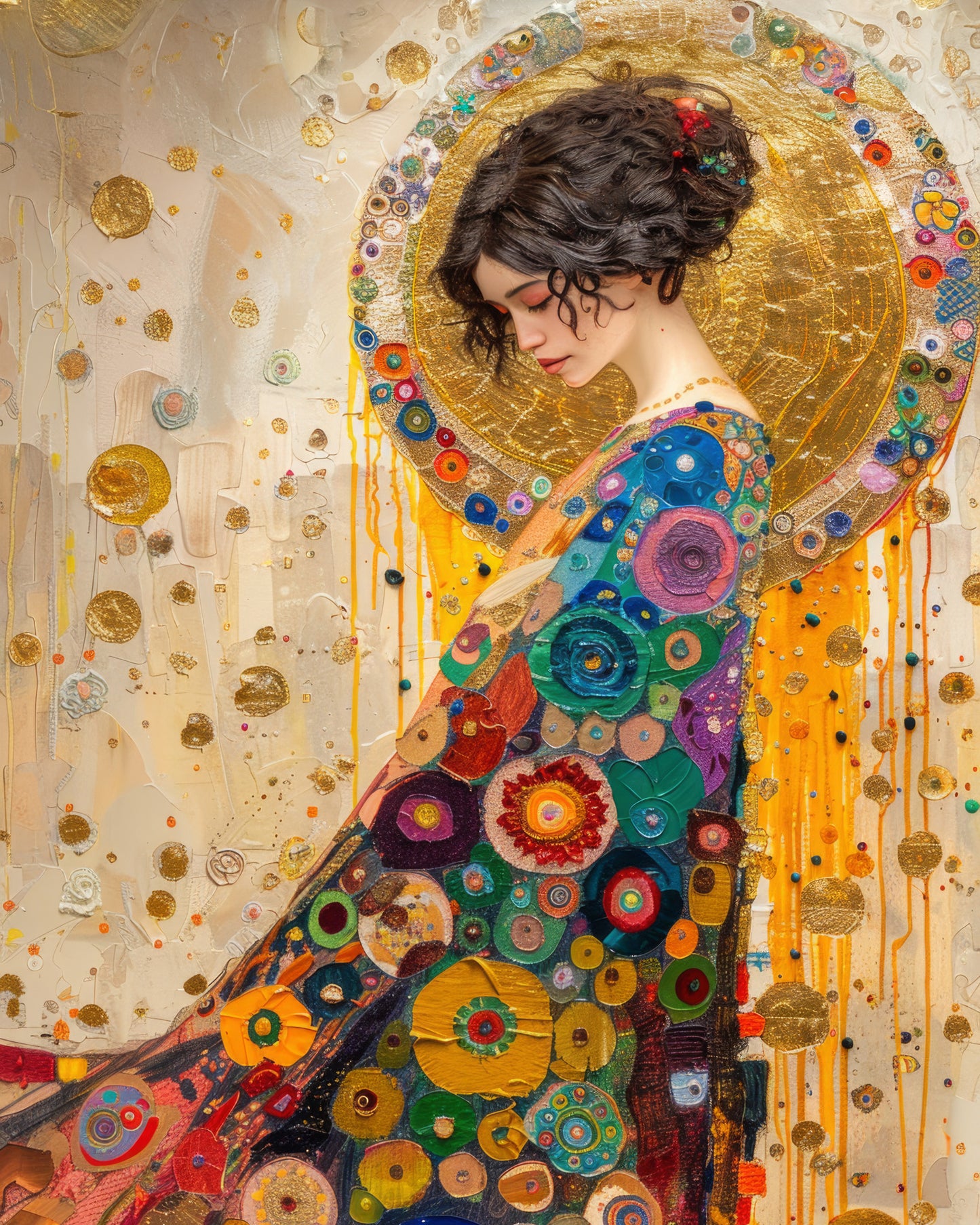 Fine art print of a woman in a colorful circular-patterned cloak from the Heart Of Gold collection.