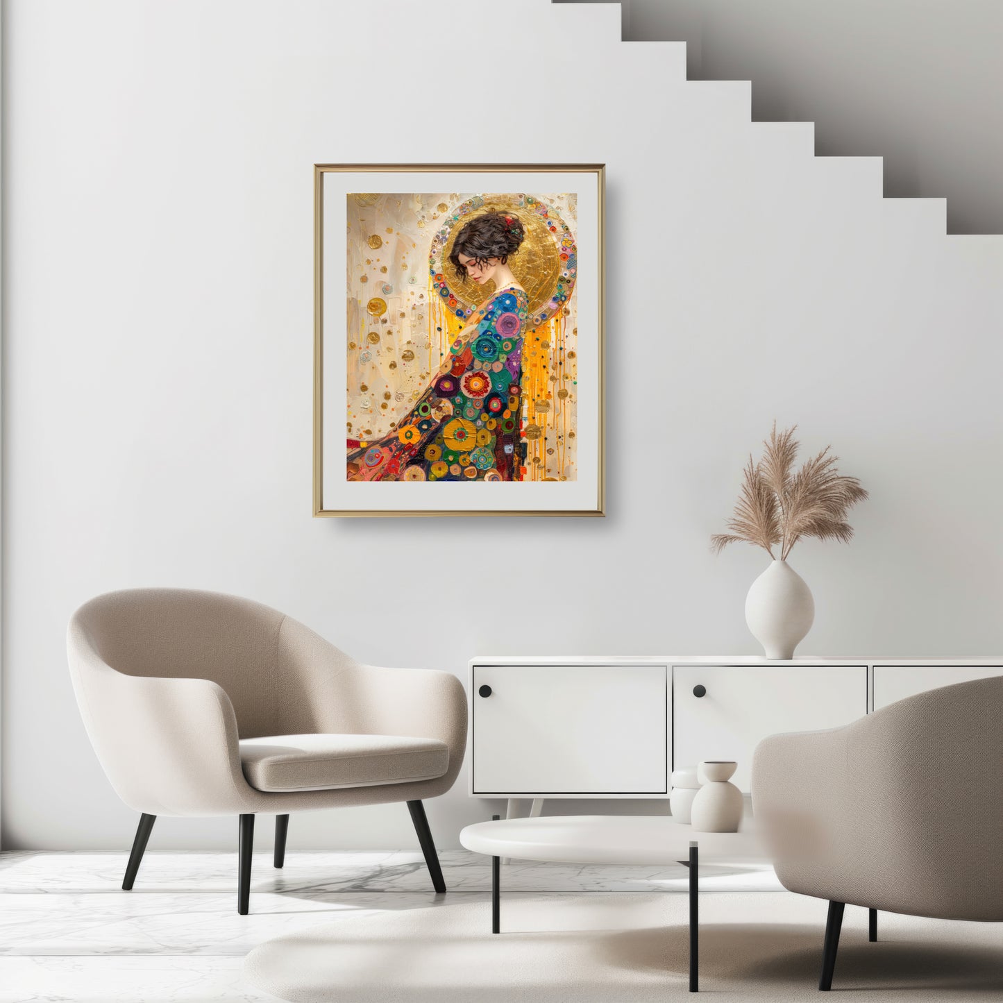 Art print of a woman in a vibrant circular-patterned cloak set against a golden background from the Heart Of Gold collection.