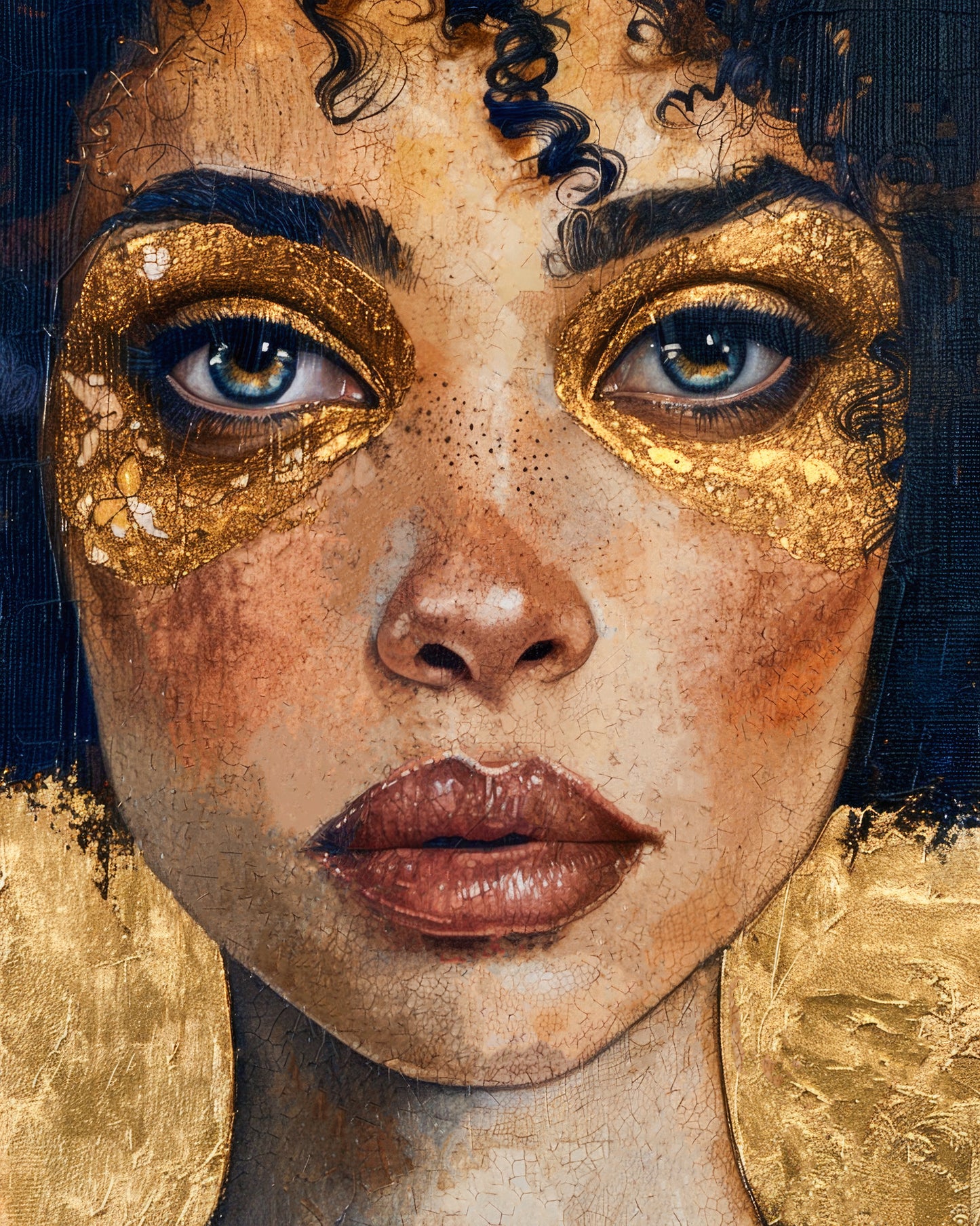 Fine art print of a woman's face with gold eye makeup from the Heart Of Gold collection.