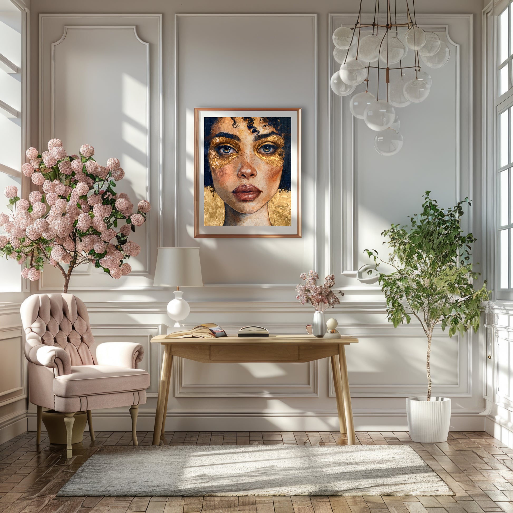 Fine art print depicting a woman's face with golden eye makeup from the Heart Of Gold collection.