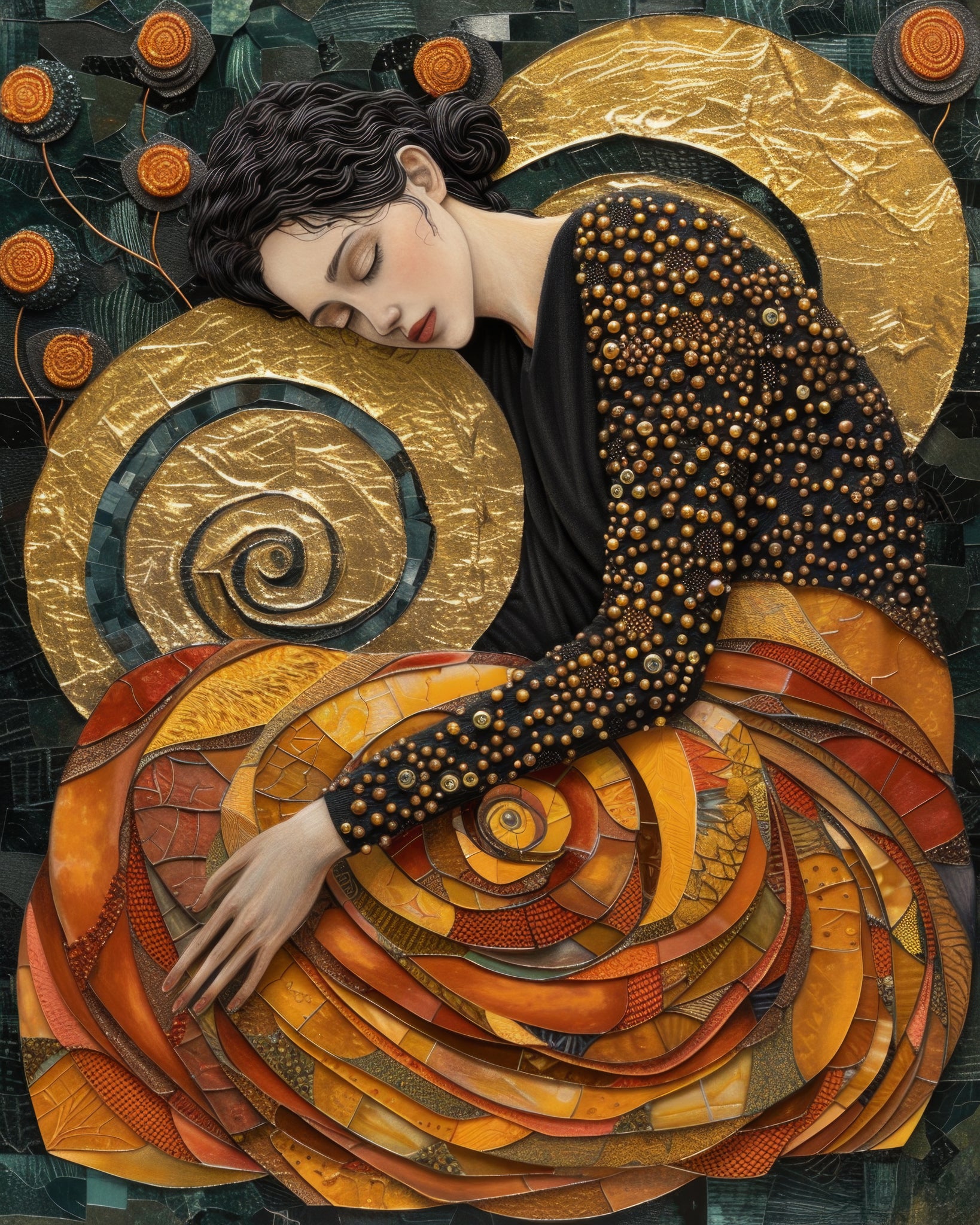 Fine art print of a woman resting on golden spirals from the Heart Of Gold collection.