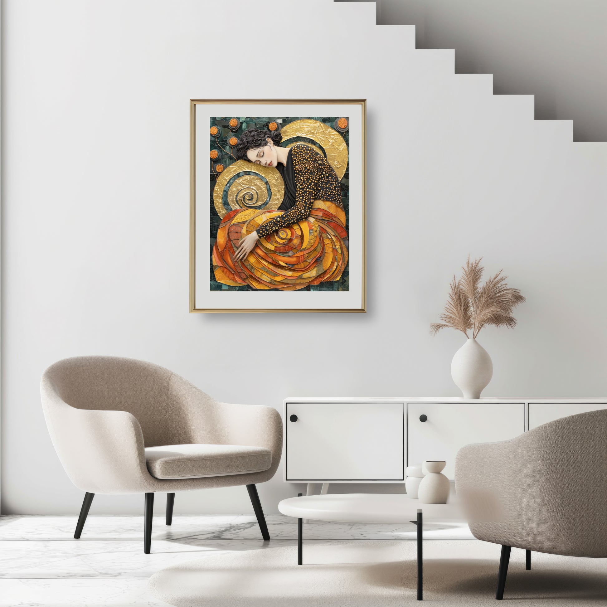 Art print of a woman resting on golden spirals, part of the Heart Of Gold collection, ideal for any fine art prints collection.