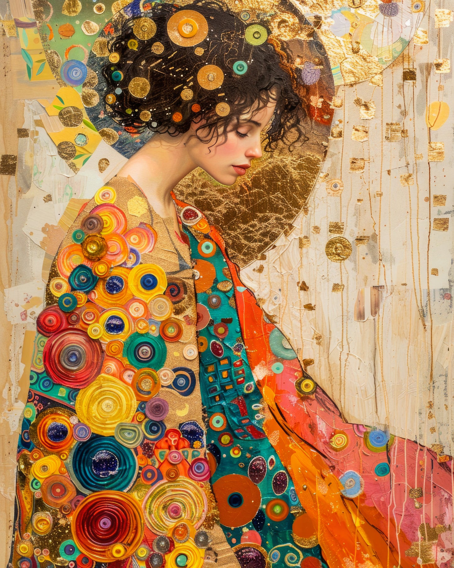 Fine art print of a woman in profile with a vibrant shawl and golden background from the Heart Of Gold collection.